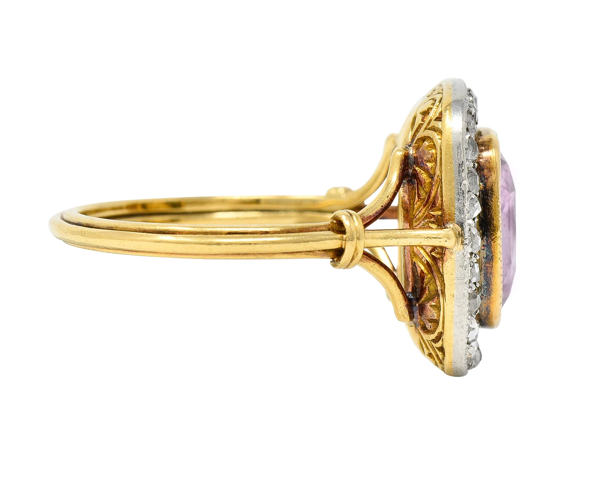 Victorian Pink Sapphire Diamond Platinum 18 Karat Gold Halo Antique Ring - Image 3
