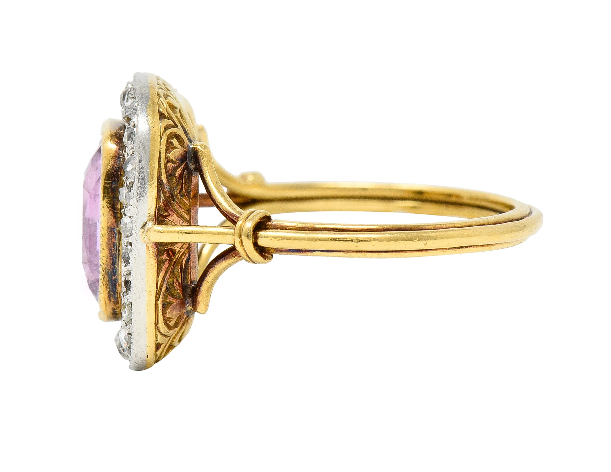 Victorian Pink Sapphire Diamond Platinum 18 Karat Gold Halo Antique Ring - Image 5