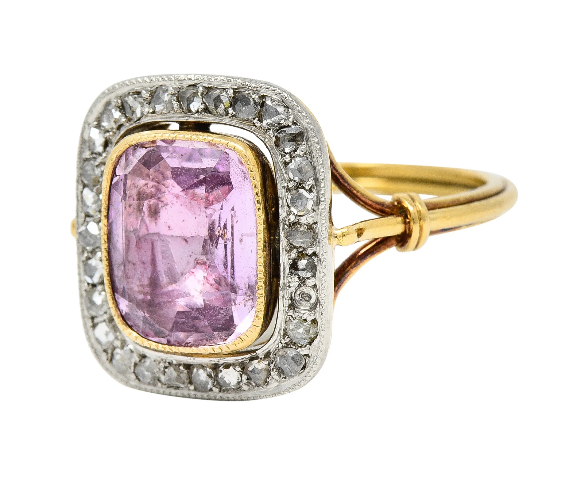 Victorian Pink Sapphire Diamond Platinum 18 Karat Gold Halo Antique Ring - Image 6