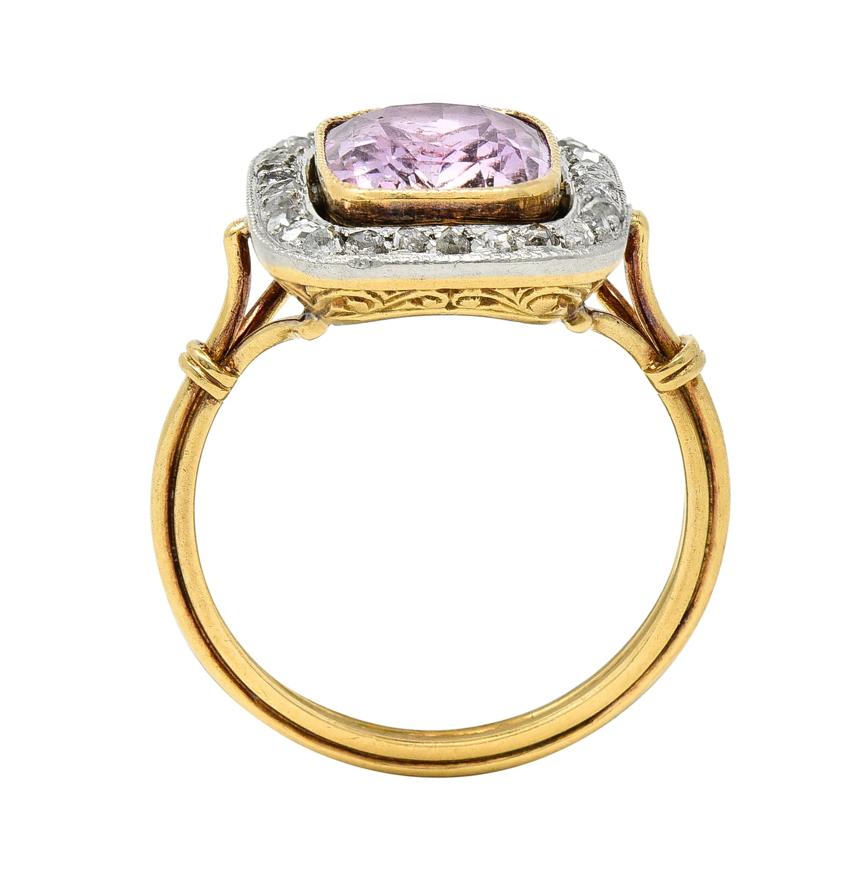 Victorian Pink Sapphire Diamond Platinum 18 Karat Gold Halo Antique Ring - Image 7