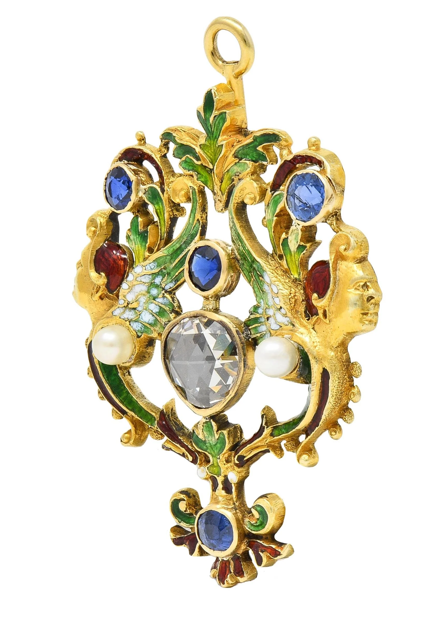 Victorian Renaissance Revival 3.30 CTW Sapphire Diamond Enamel 14 Karat Gold Antique Harpy Pendant - Image 4