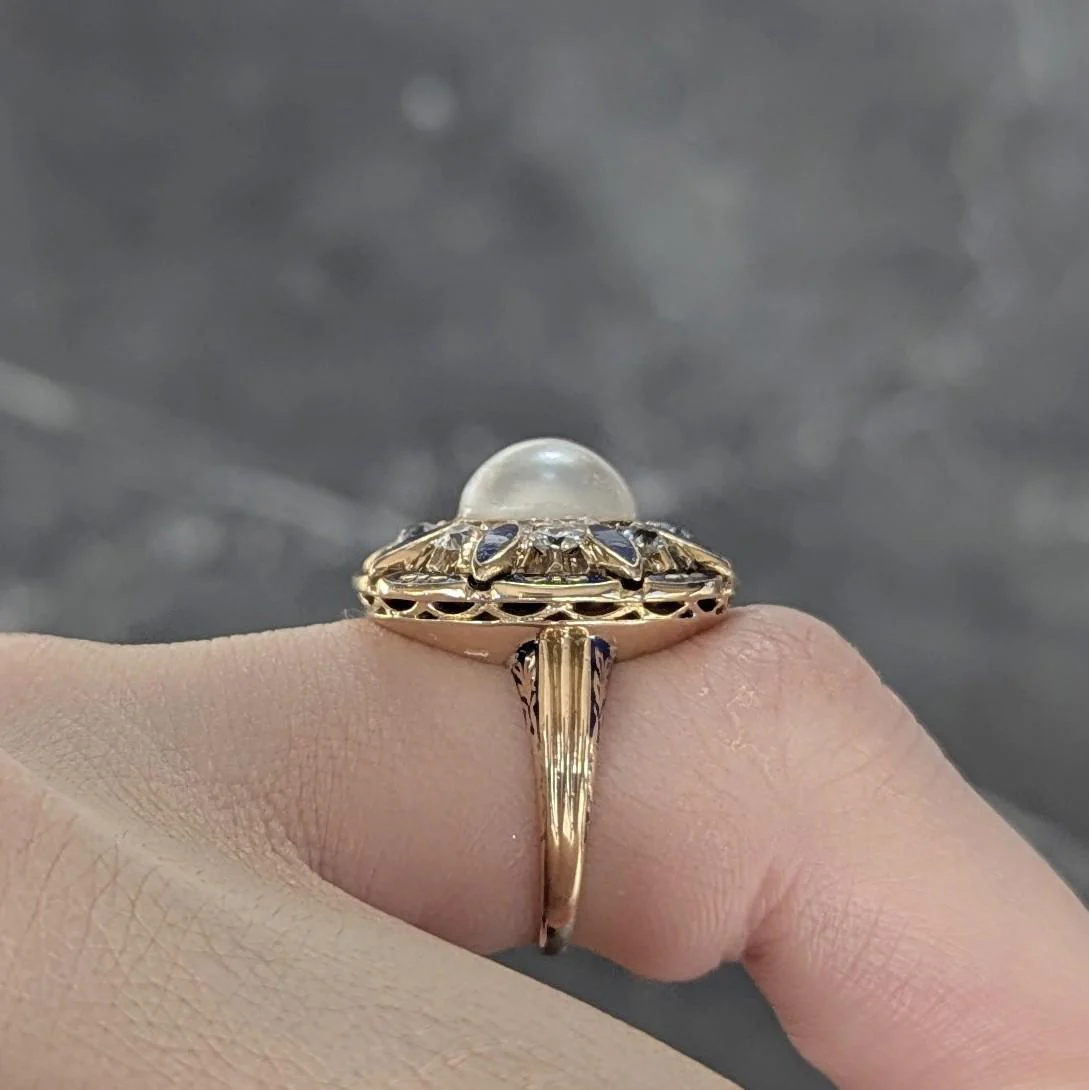 Victorian Revival Pearl Diamond Enamel 14 Karat Yellow Gold Vintage Halo Ring - Image 10