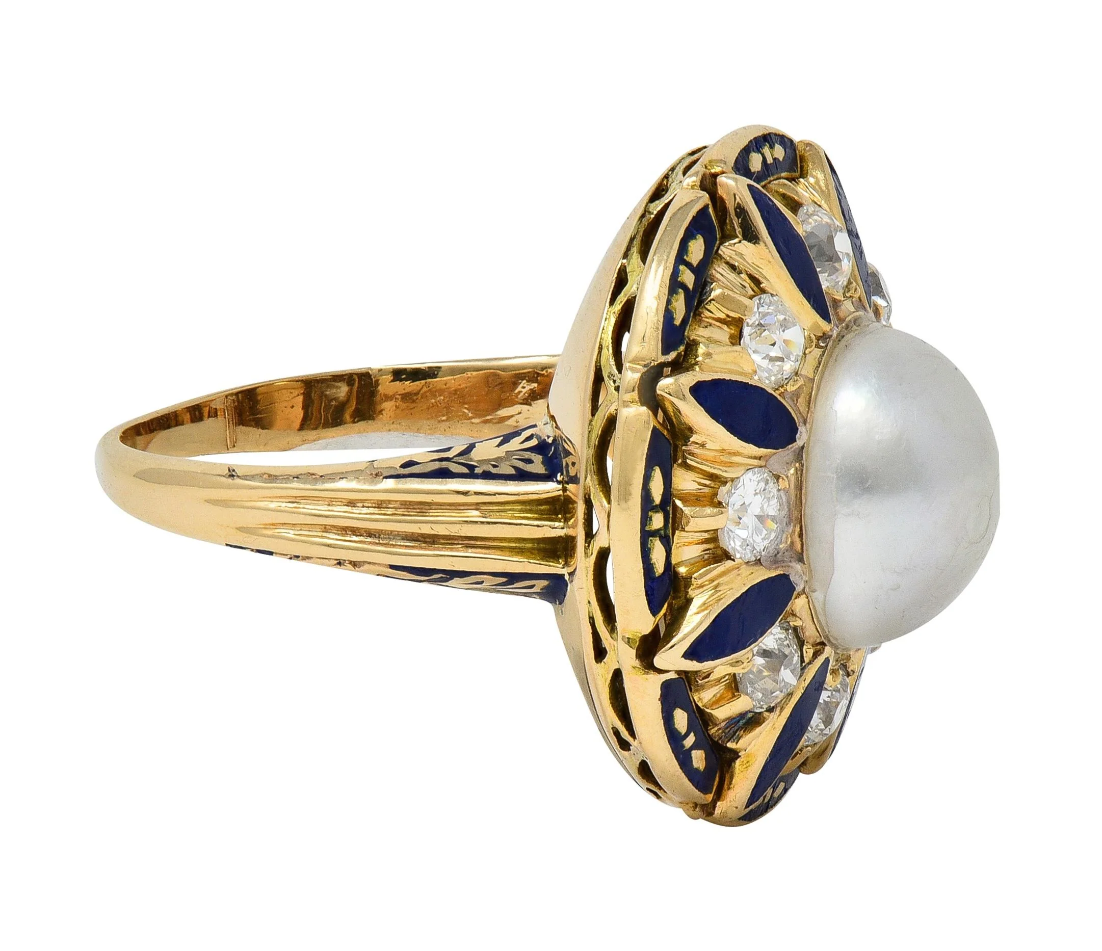 Victorian Revival Pearl Diamond Enamel 14 Karat Yellow Gold Vintage Halo Ring - Image 2
