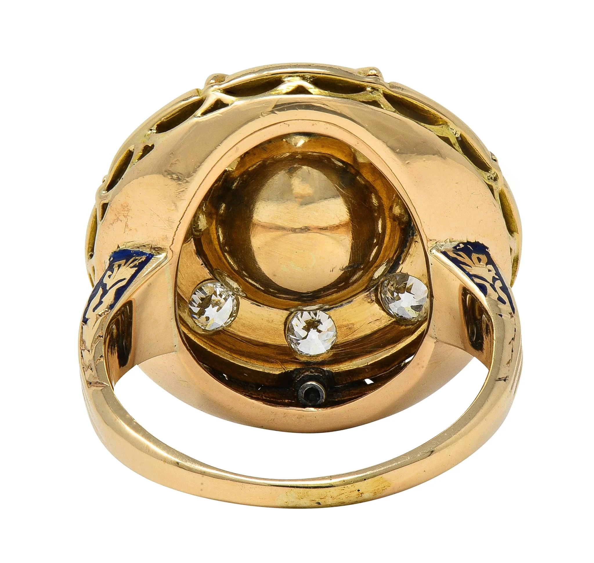 Victorian Revival Pearl Diamond Enamel 14 Karat Yellow Gold Vintage Halo Ring - Image 3