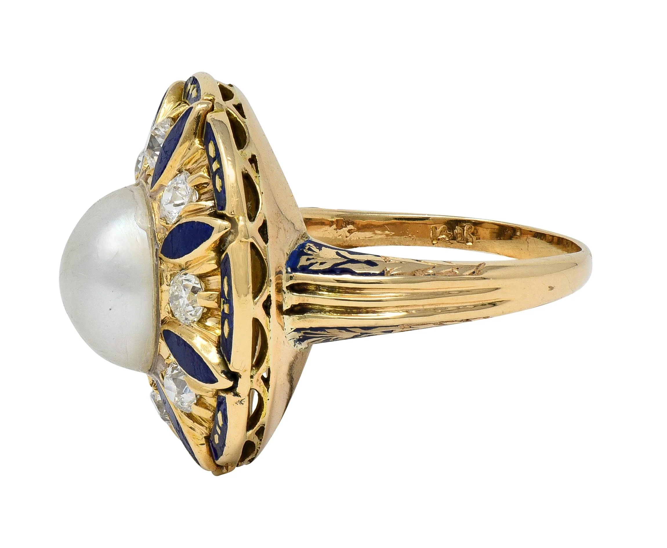 Victorian Revival Pearl Diamond Enamel 14 Karat Yellow Gold Vintage Halo Ring - Image 4