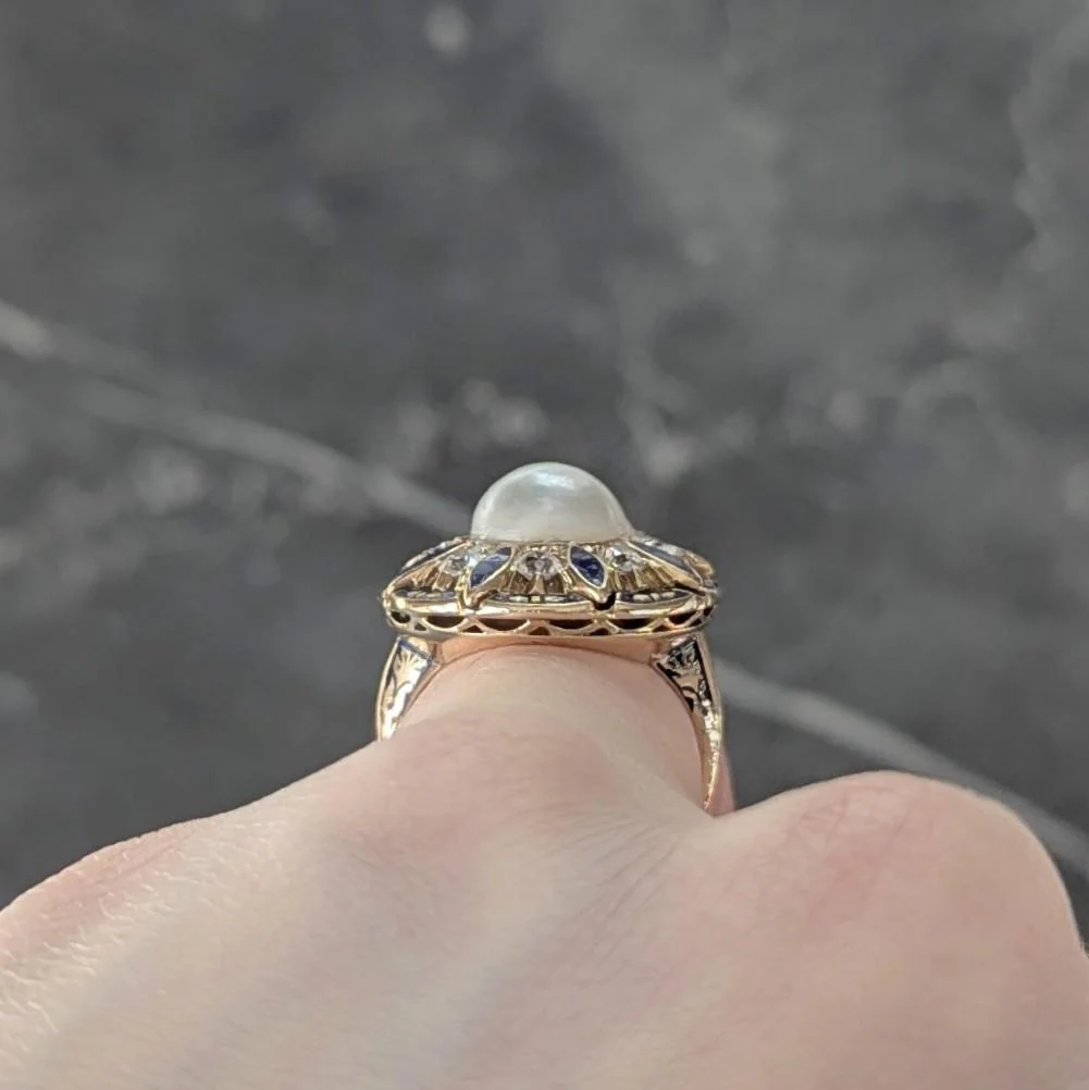 Victorian Revival Pearl Diamond Enamel 14 Karat Yellow Gold Vintage Halo Ring - Image 9