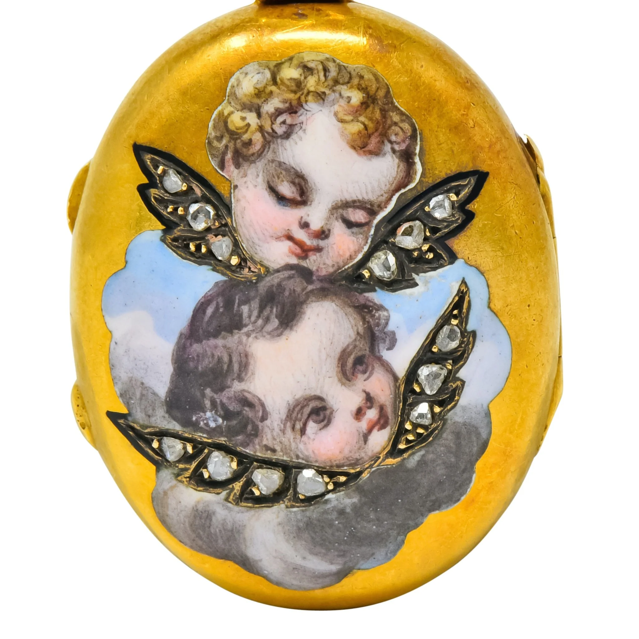 Victorian Rose Cut Diamond Enamel 18 Karat Gold Cherub Mourning Locket Pendant - Image 3