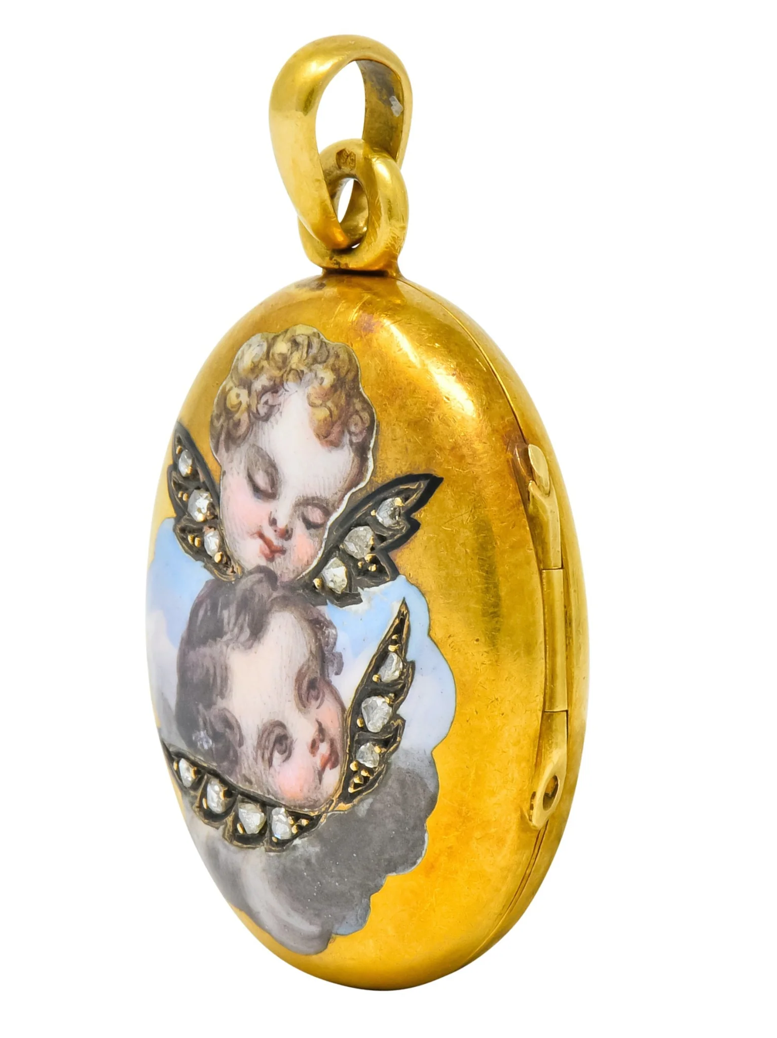 Victorian Rose Cut Diamond Enamel 18 Karat Gold Cherub Mourning Locket Pendant - Image 4
