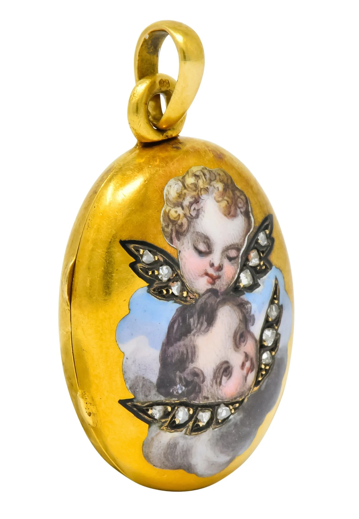 Victorian Rose Cut Diamond Enamel 18 Karat Gold Cherub Mourning Locket Pendant - Image 5