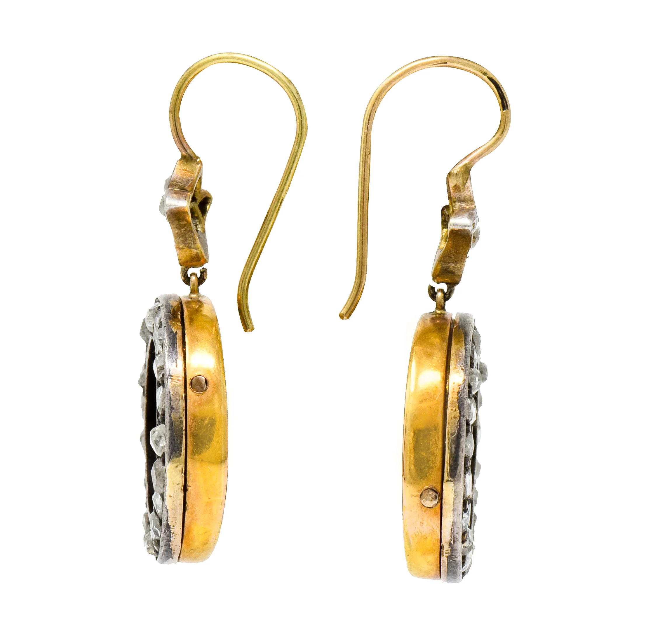 Victorian Rose Cut Diamond Enamel Silver-Topped 18 Karat Gold Cherub Drop Earrings - Image 2