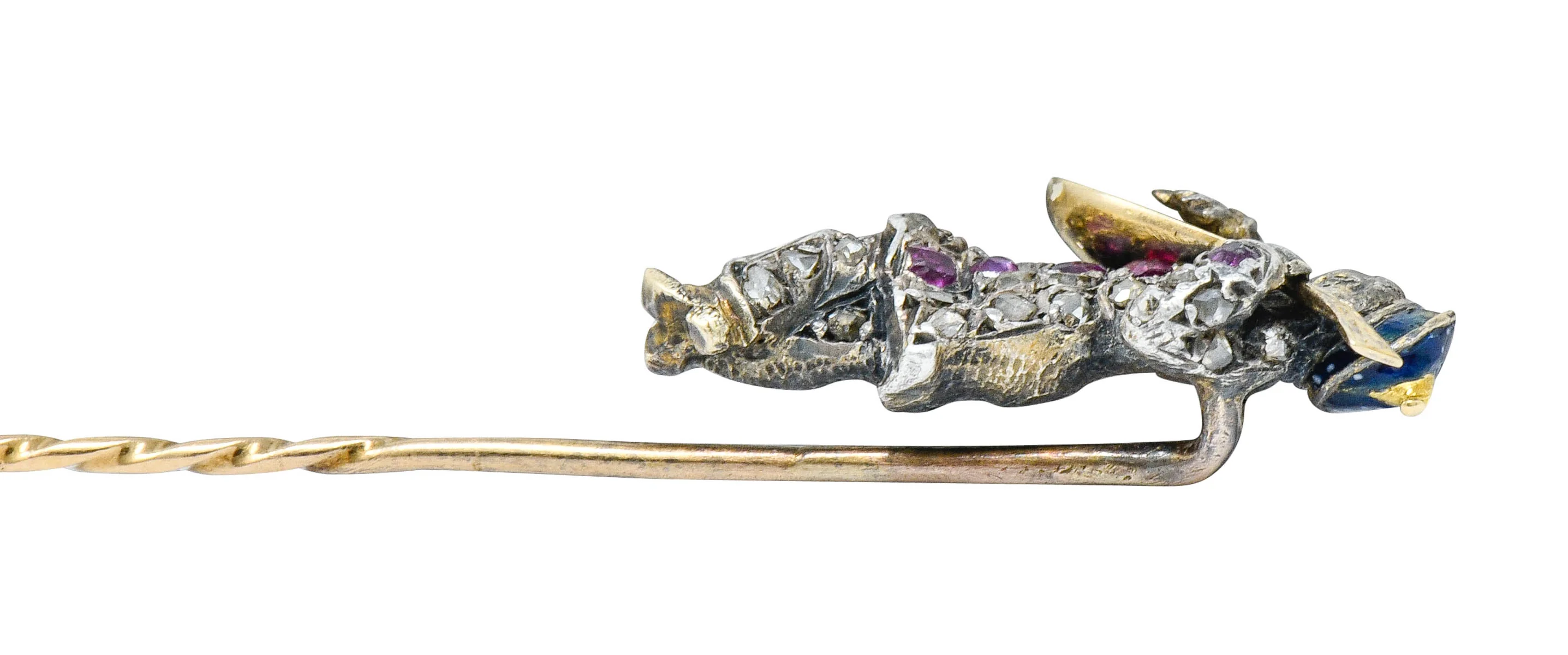 Victorian Rose Cut Diamond Ruby Silver-Topped 18 Karat Gold Bard Stickpin - Image 10