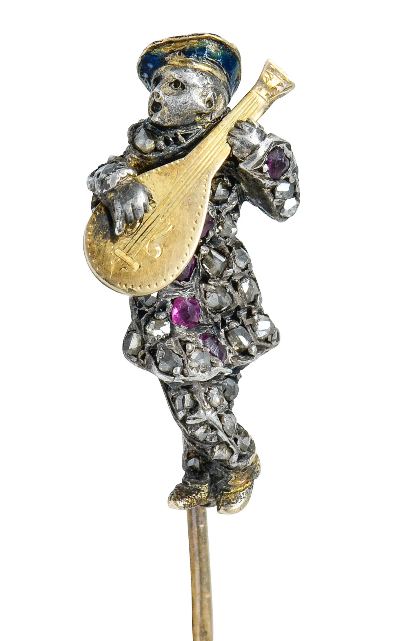 Victorian Rose Cut Diamond Ruby Silver-Topped 18 Karat Gold Bard Stickpin - Image 11