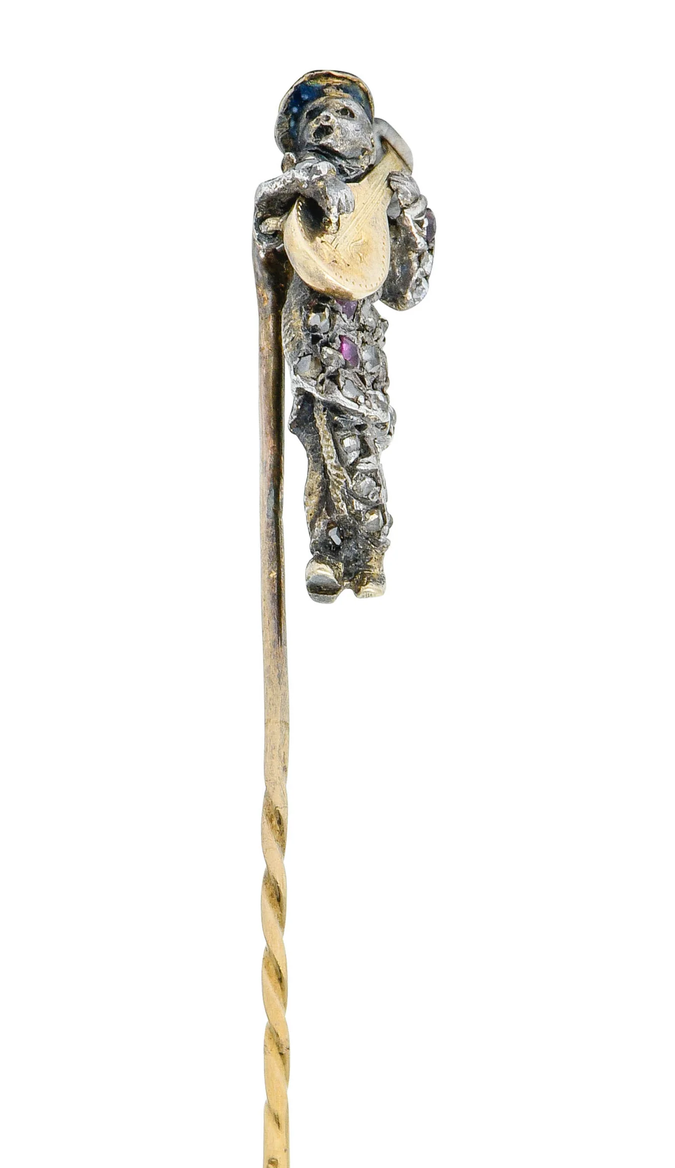 Victorian Rose Cut Diamond Ruby Silver-Topped 18 Karat Gold Bard Stickpin - Image 3