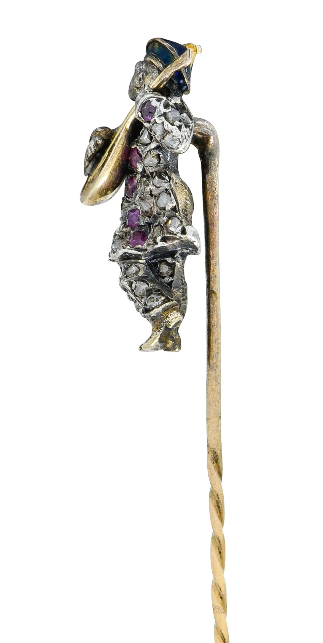 Victorian Rose Cut Diamond Ruby Silver-Topped 18 Karat Gold Bard Stickpin - Image 5