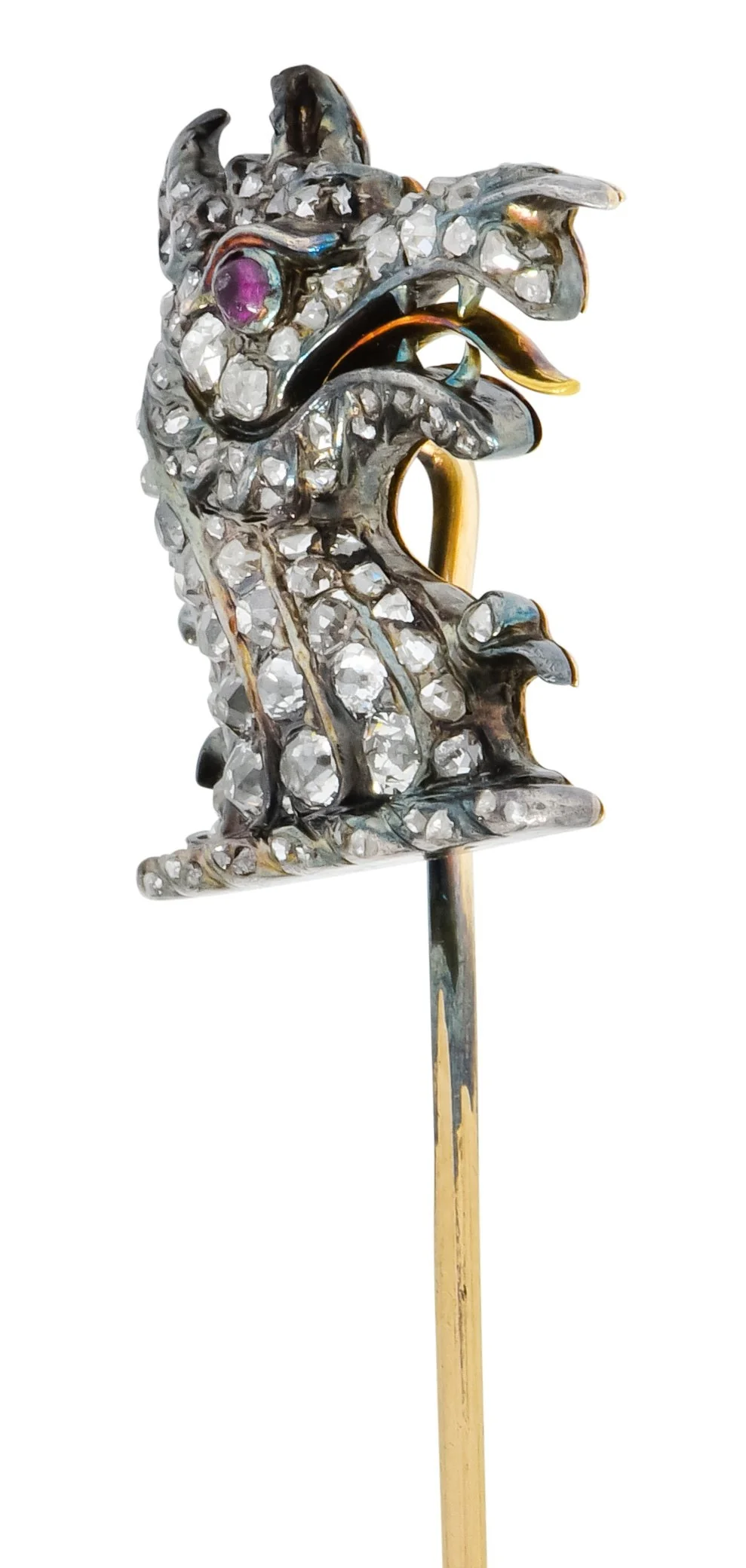 Victorian Rose Cut Diamond Silver-Topped 14 Karat Gold Dragon Stickpin - Image 3