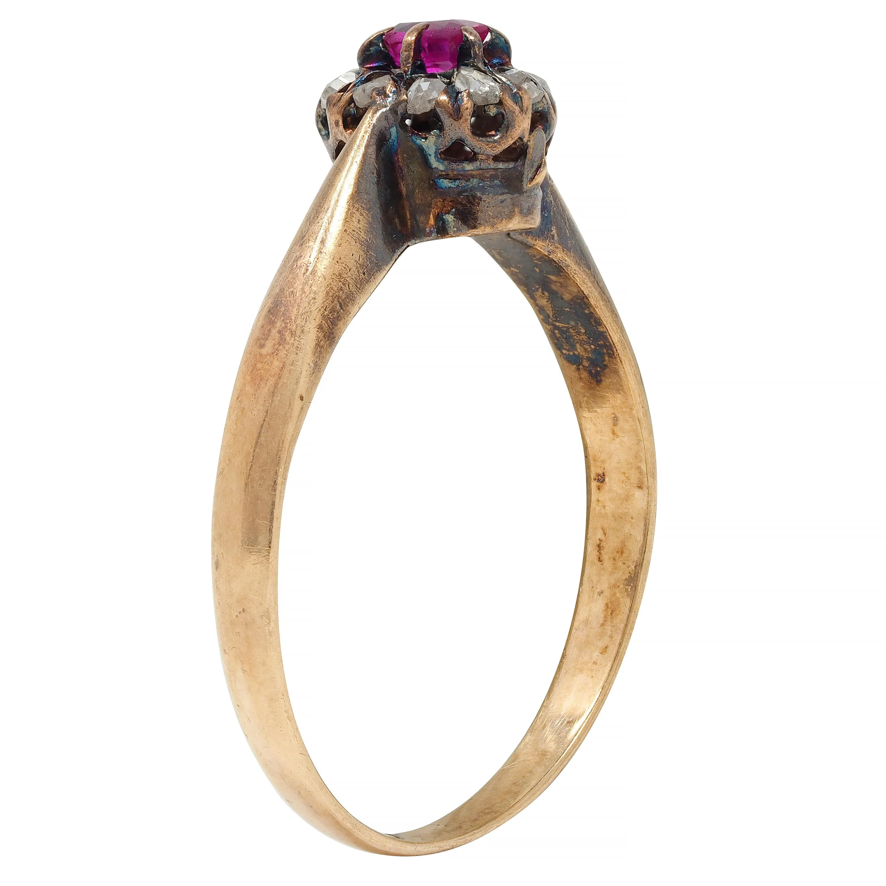 Victorian Ruby Diamond 14 Karat Yellow Gold Antique Halo Ring - Image 2