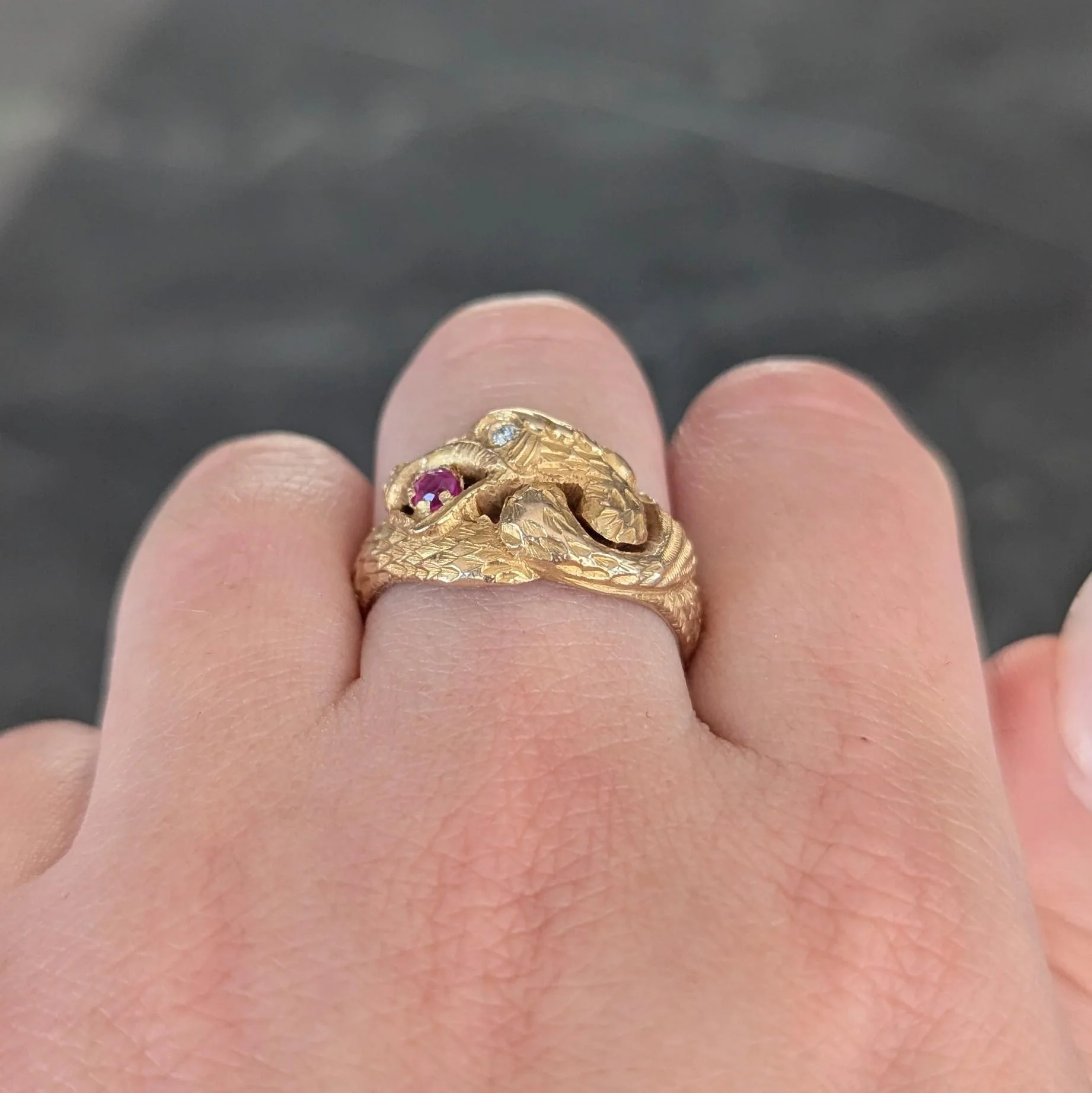 Victorian Ruby Diamond 14 Karat Yellow Gold Antique Unisex Griffin Ring - Image 11