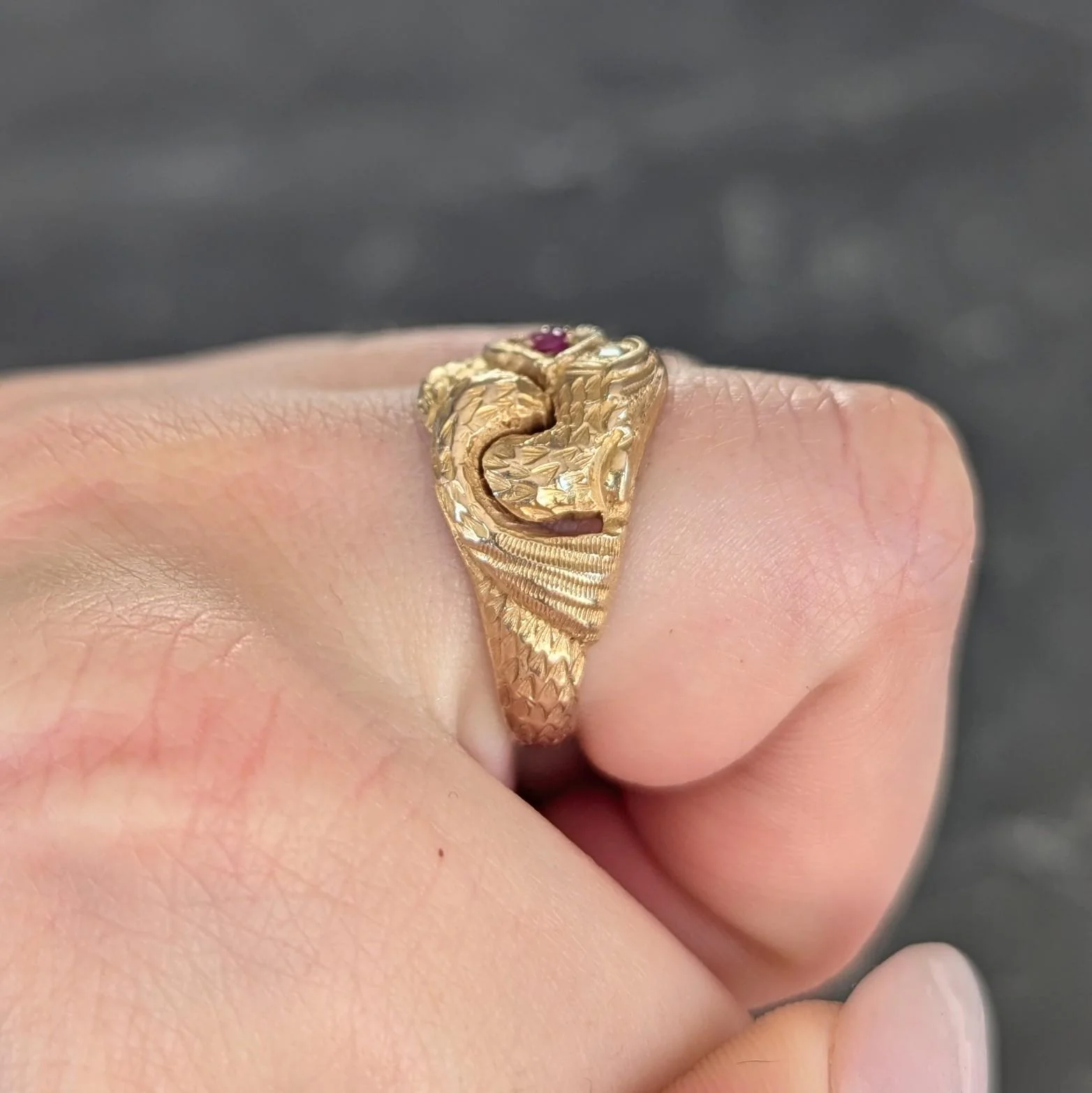 Victorian Ruby Diamond 14 Karat Yellow Gold Antique Unisex Griffin Ring - Image 12