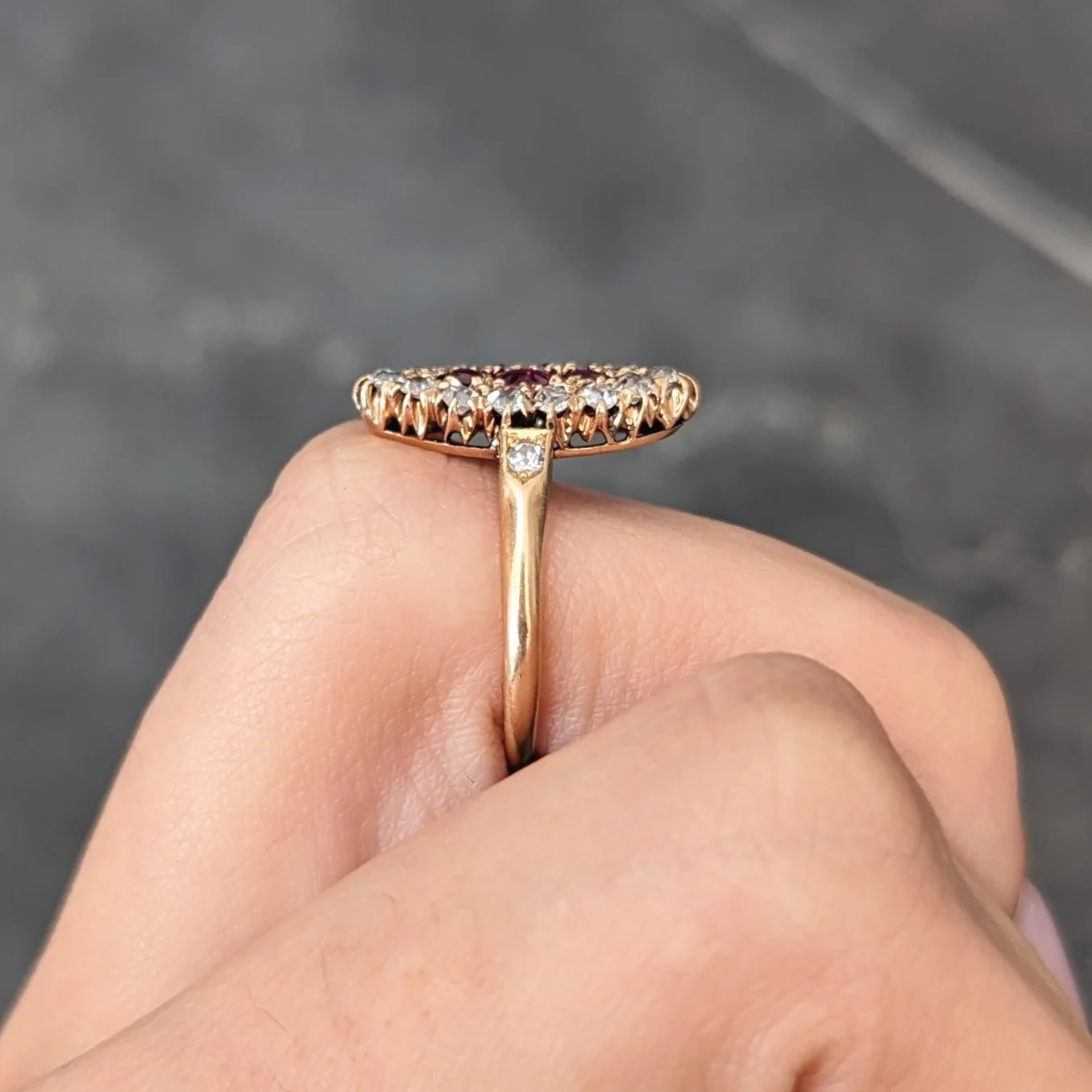 Victorian Ruby Diamond 18 Karat Yellow Gold Navette Antique Cluster Ring - Image 12