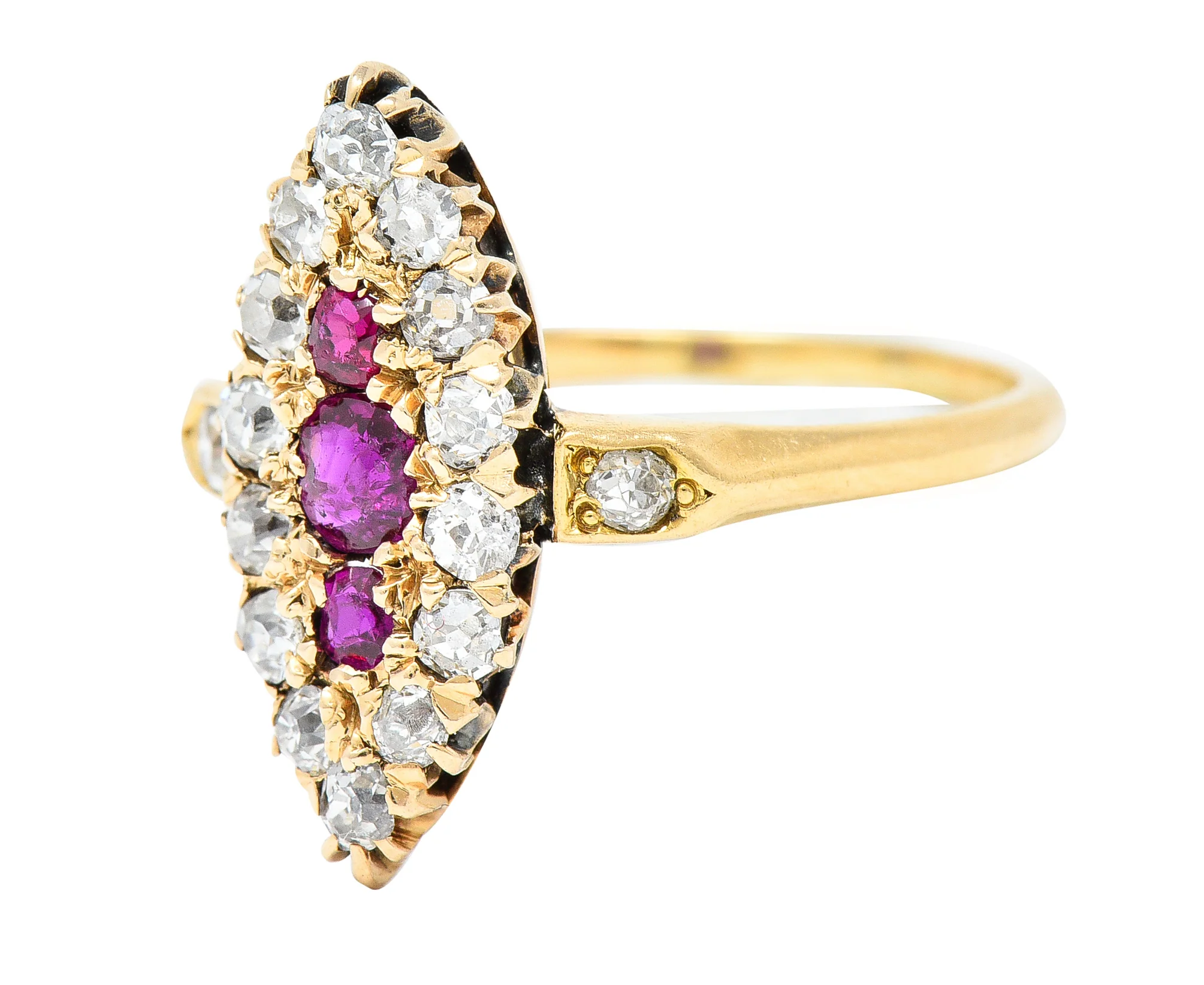 Victorian Ruby Diamond 18 Karat Yellow Gold Navette Antique Cluster Ring - Image 6
