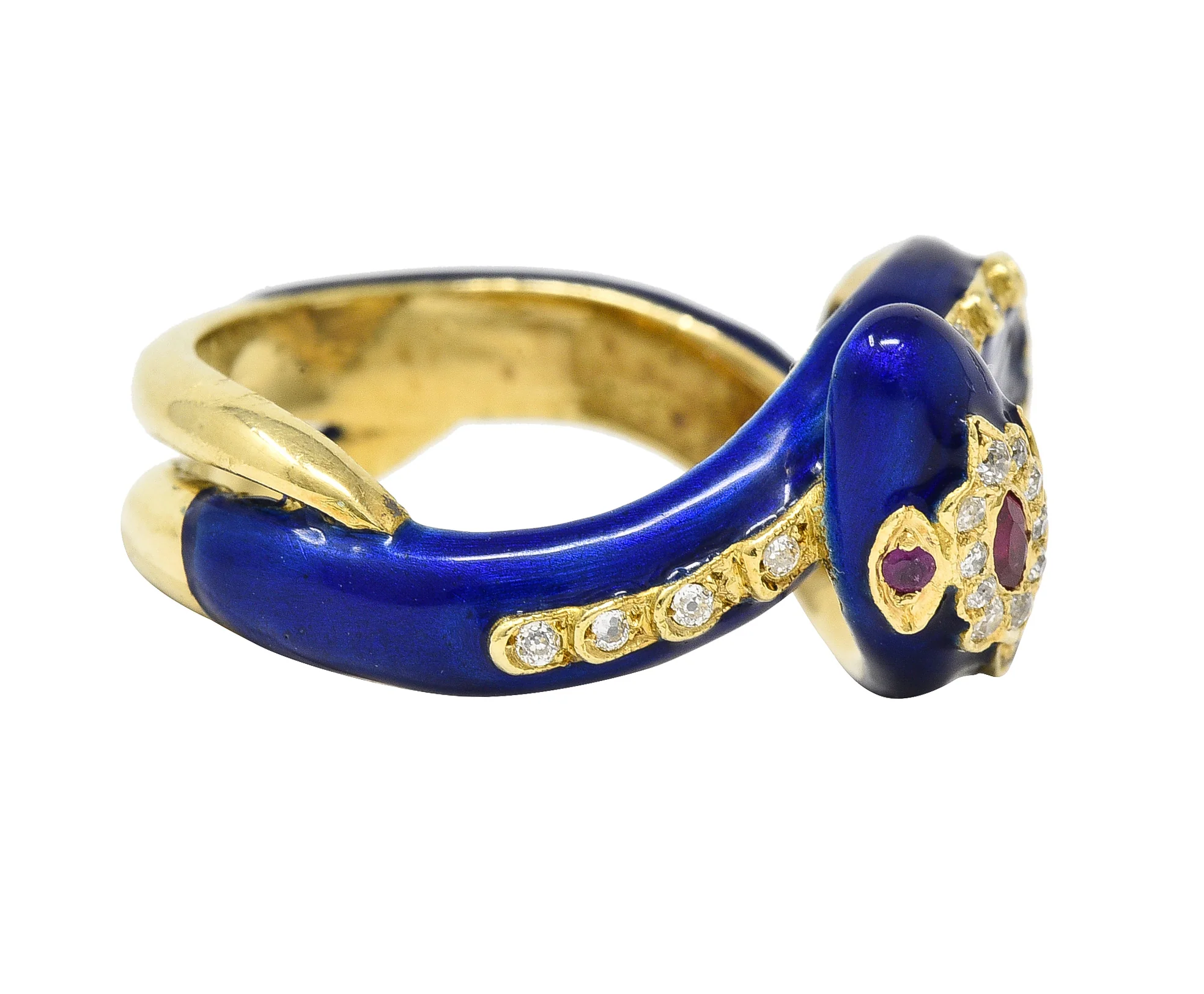 Victorian Ruby Diamond Blue Enamel 18 Karat Gold Antique Snake Antique Ring - Image 3