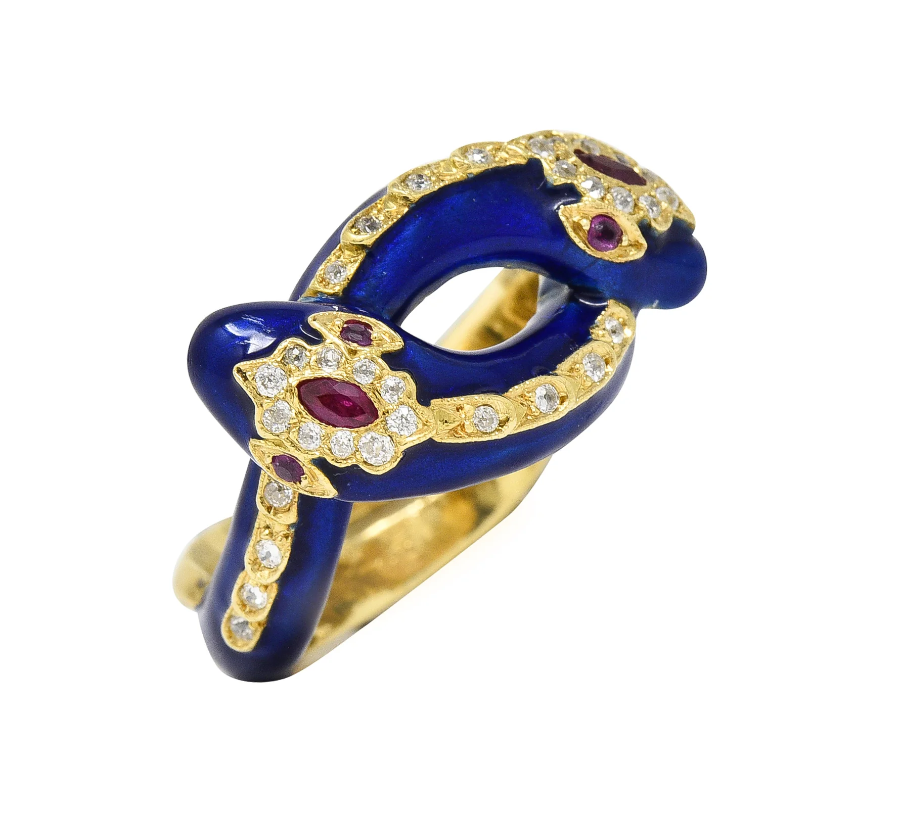 Victorian Ruby Diamond Blue Enamel 18 Karat Gold Antique Snake Antique Ring - Image 7