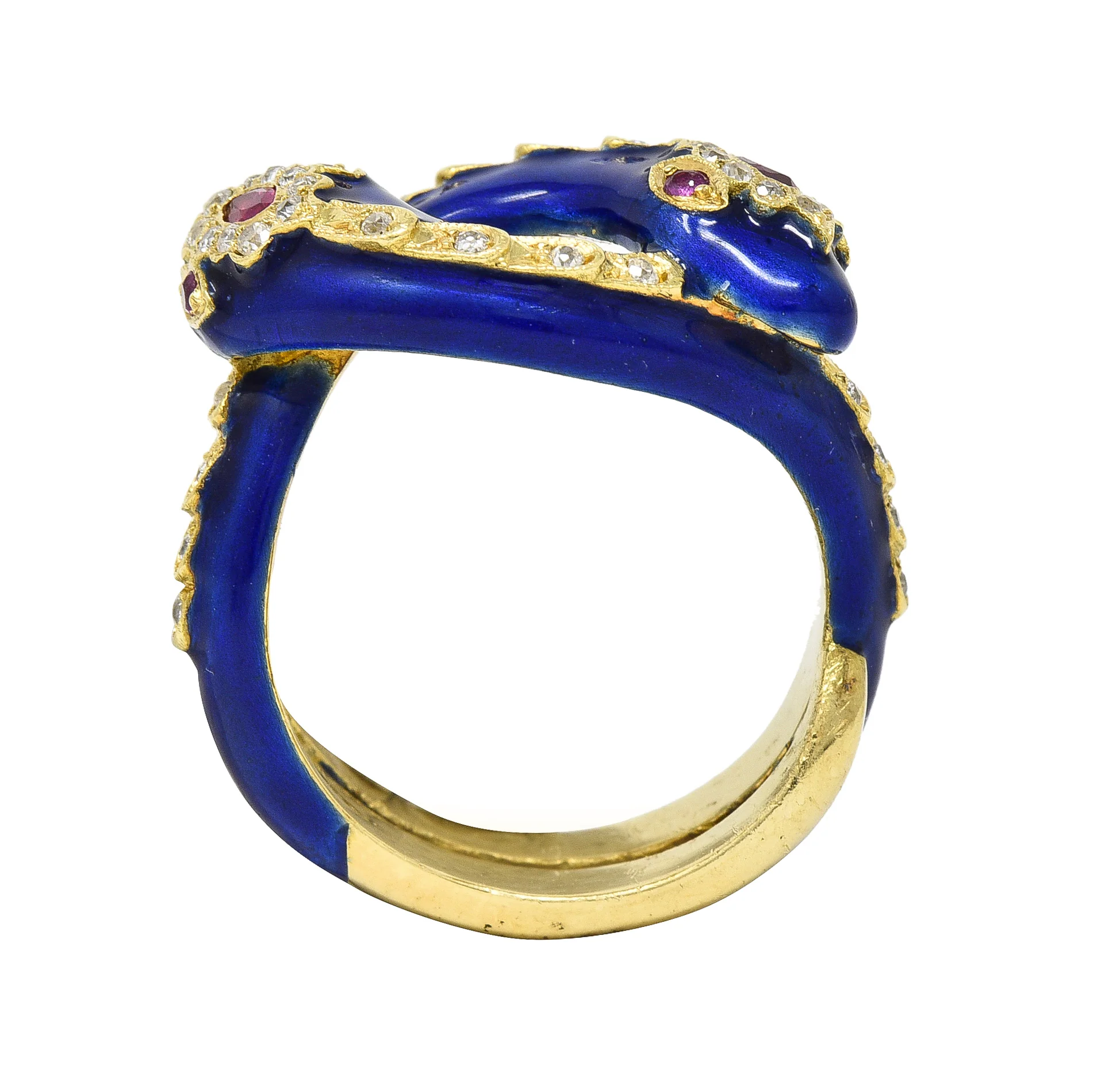 Victorian Ruby Diamond Blue Enamel 18 Karat Gold Antique Snake Antique Ring - Image 9