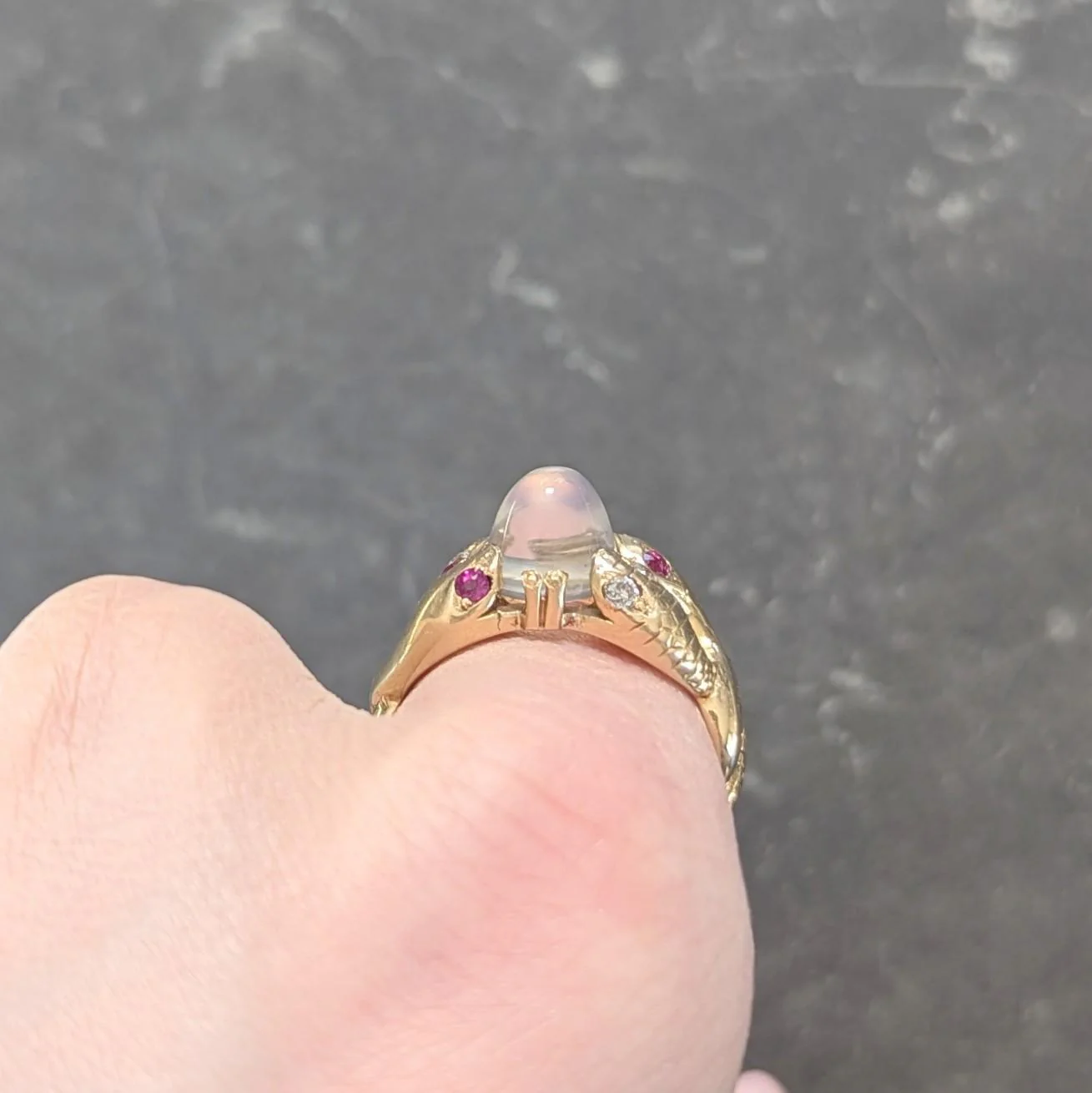 Victorian Ruby Diamond Moonstone Cabochon 14 Karat Yellow Gold Antique Snake Unisex Ring - Image 11