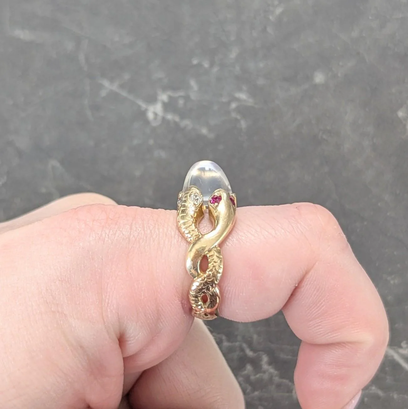 Victorian Ruby Diamond Moonstone Cabochon 14 Karat Yellow Gold Antique Snake Unisex Ring - Image 12