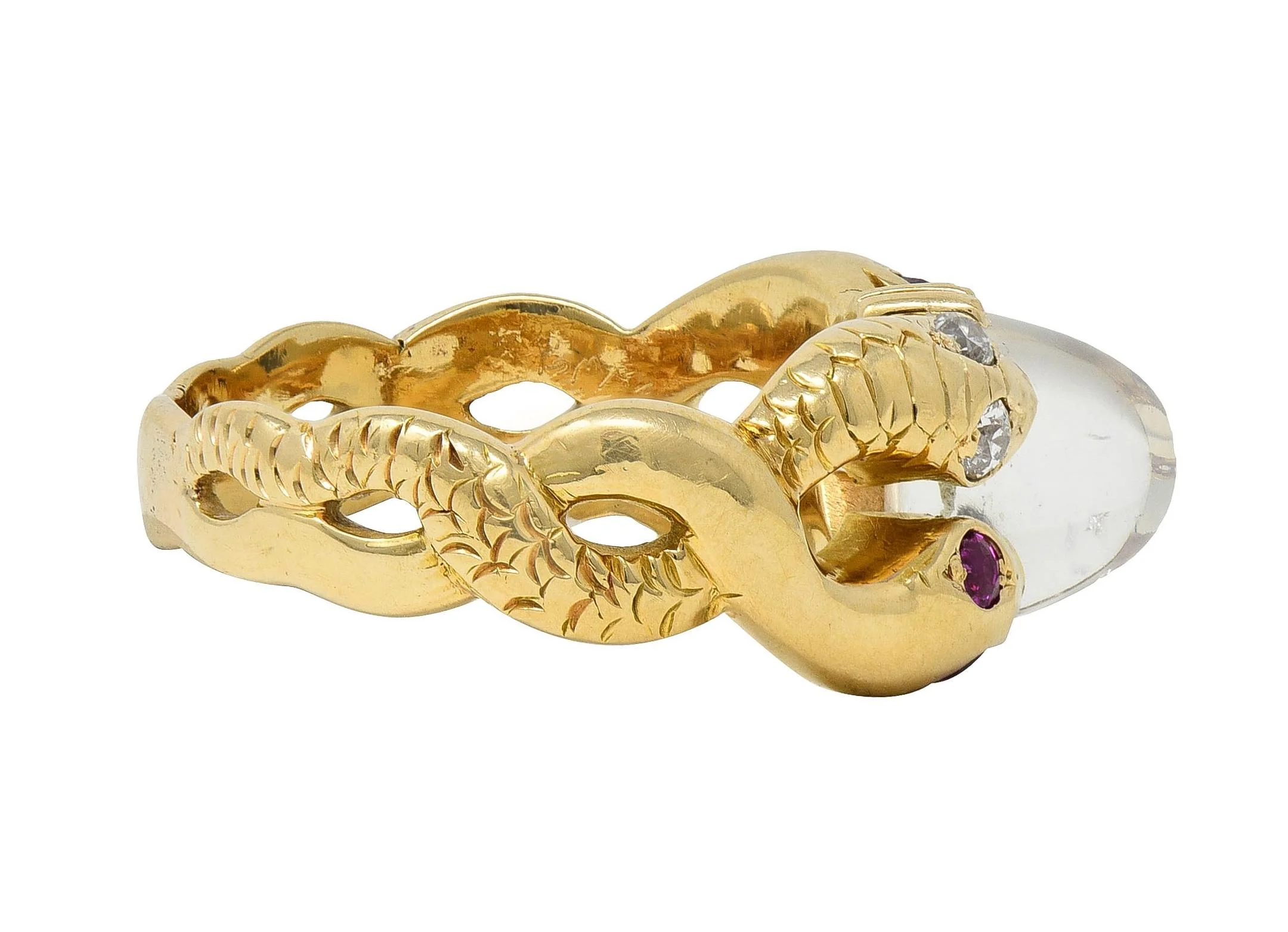 Victorian Ruby Diamond Moonstone Cabochon 14 Karat Yellow Gold Antique Snake Unisex Ring - Image 4