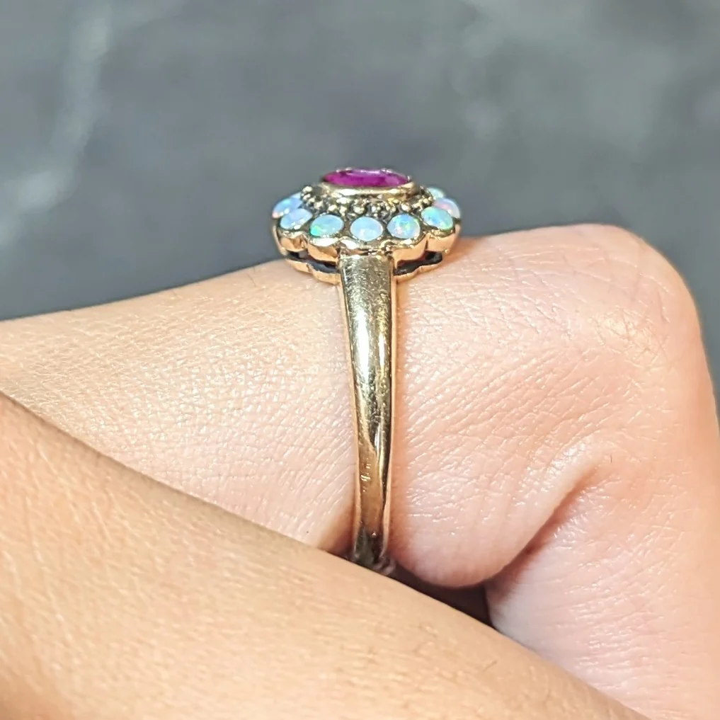 Victorian Ruby Opal 9 Karat Yellow Gold Antique Halo Ring - Image 14