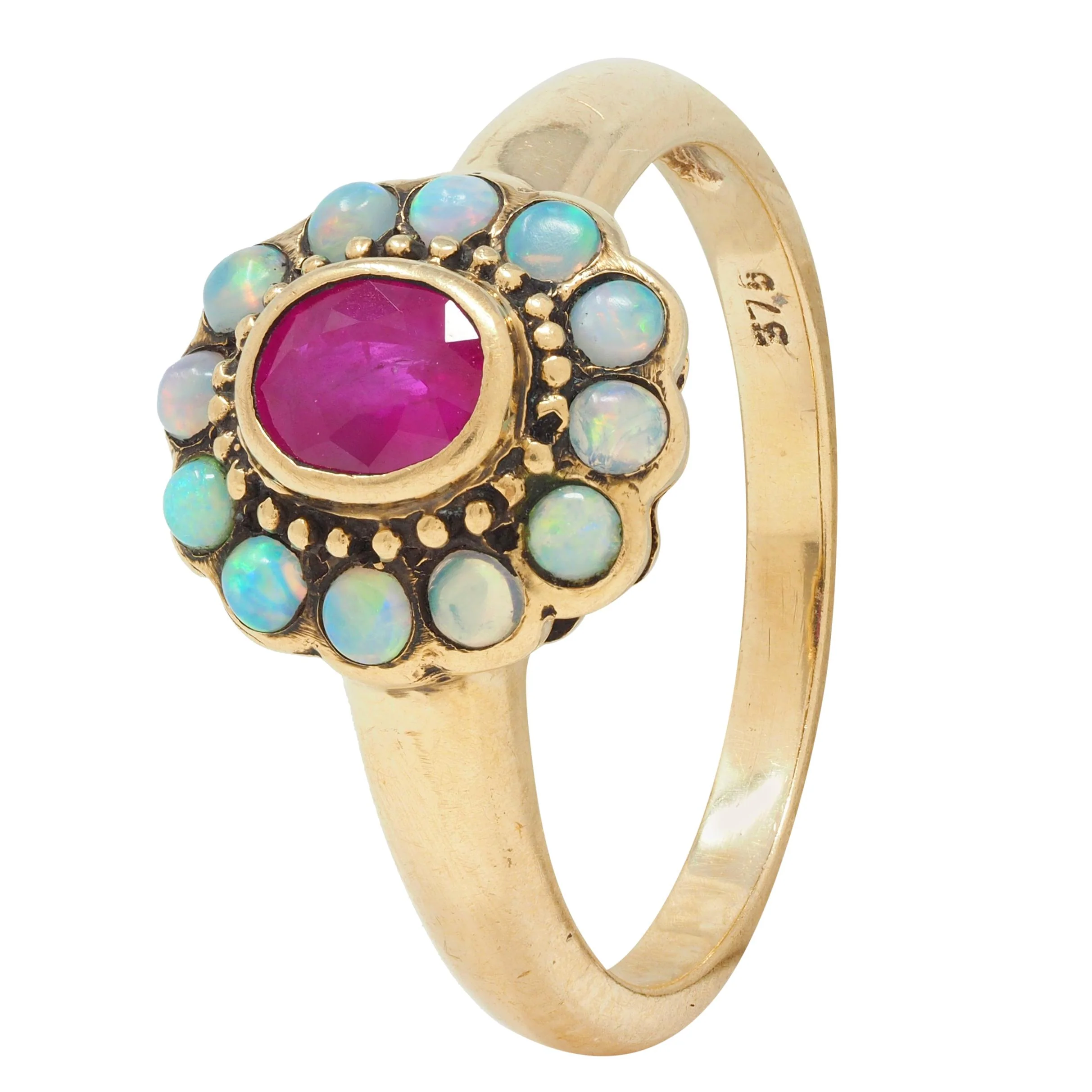 Victorian Ruby Opal 9 Karat Yellow Gold Antique Halo Ring - Image 9