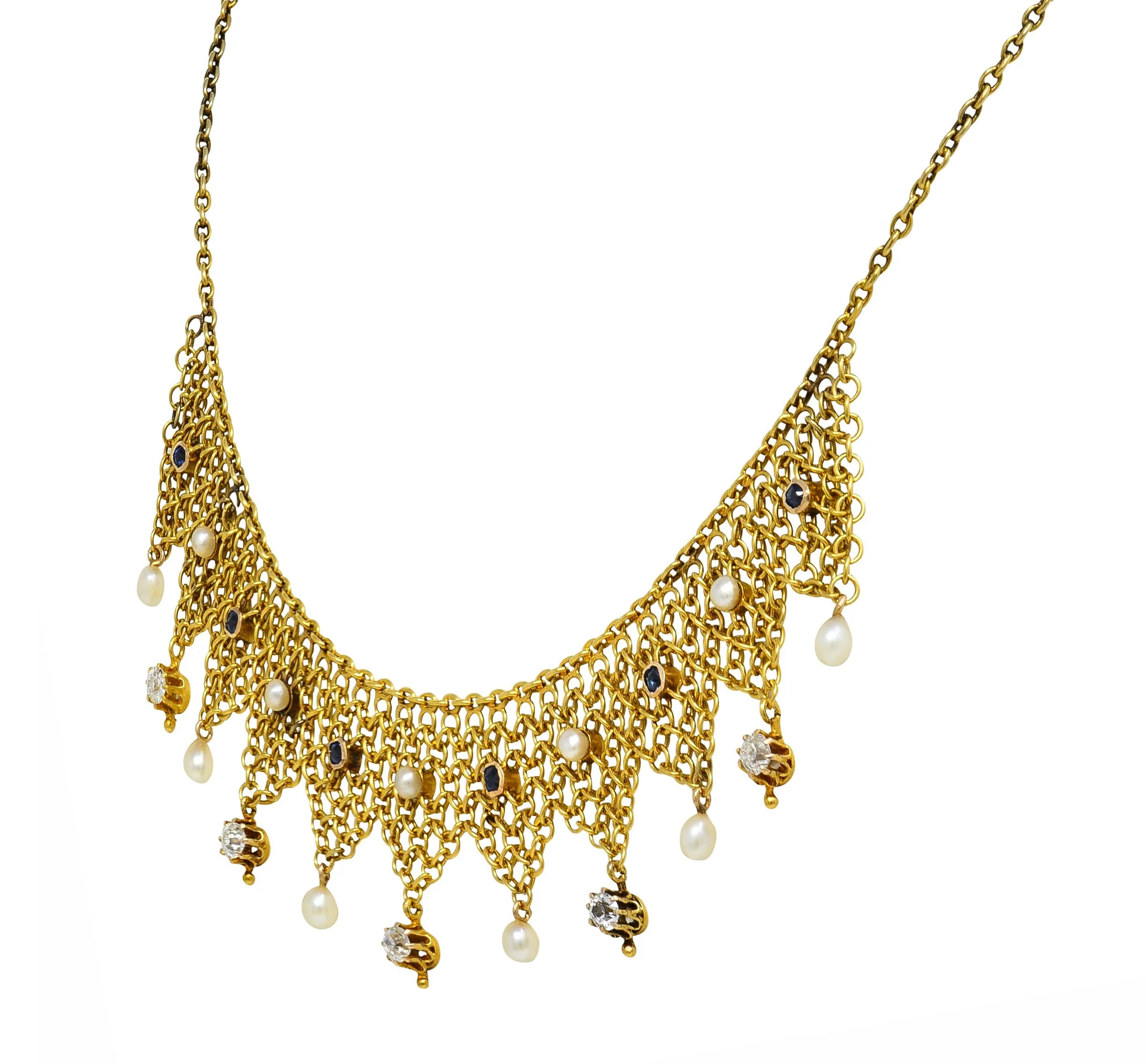 Victorian Russian 1.00 CTW Diamond Sapphire Pearl 14 Karat Gold Mesh Fringe Antique Necklace - Image 3
