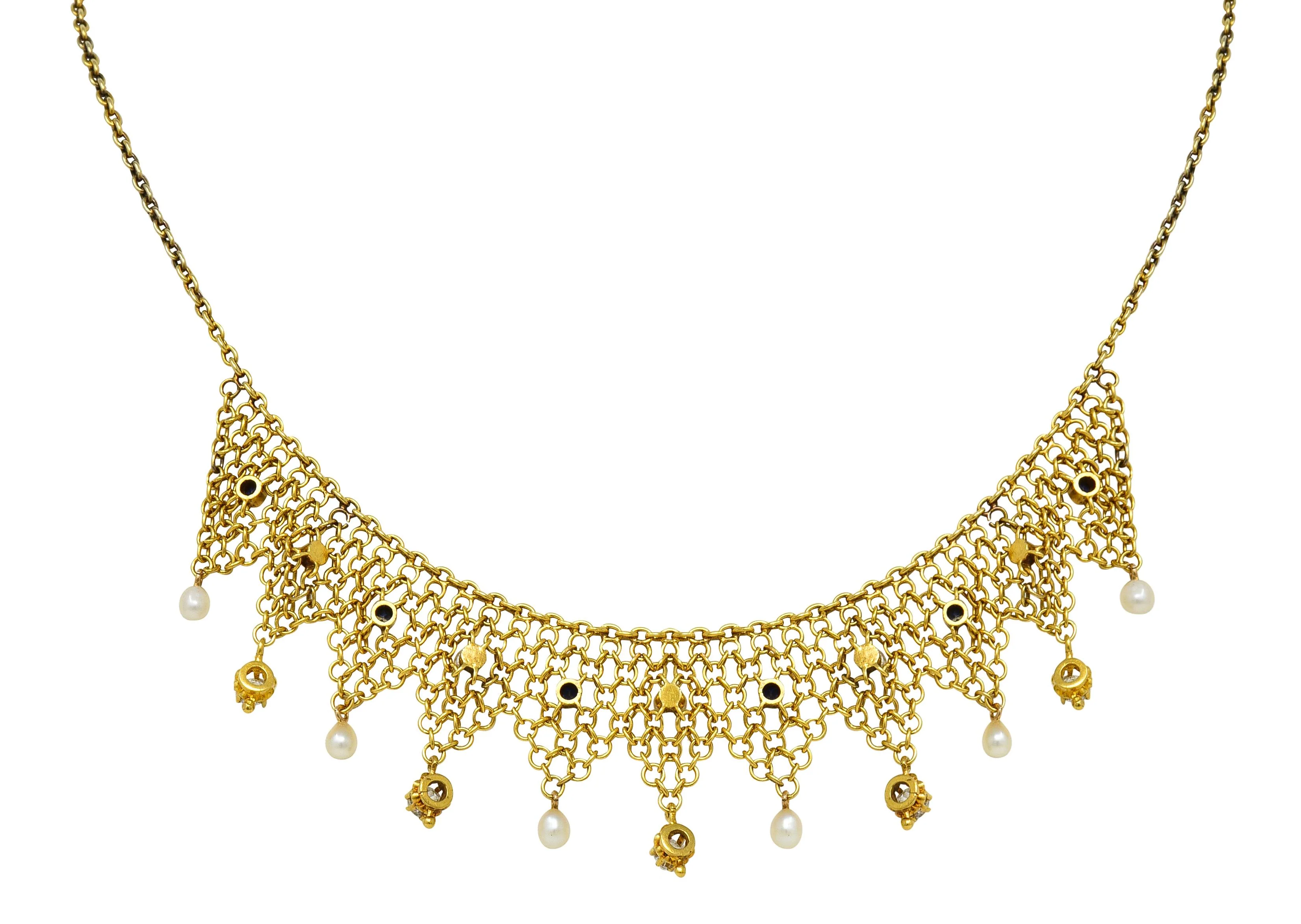 Victorian Russian 1.00 CTW Diamond Sapphire Pearl 14 Karat Gold Mesh Fringe Antique Necklace - Image 4