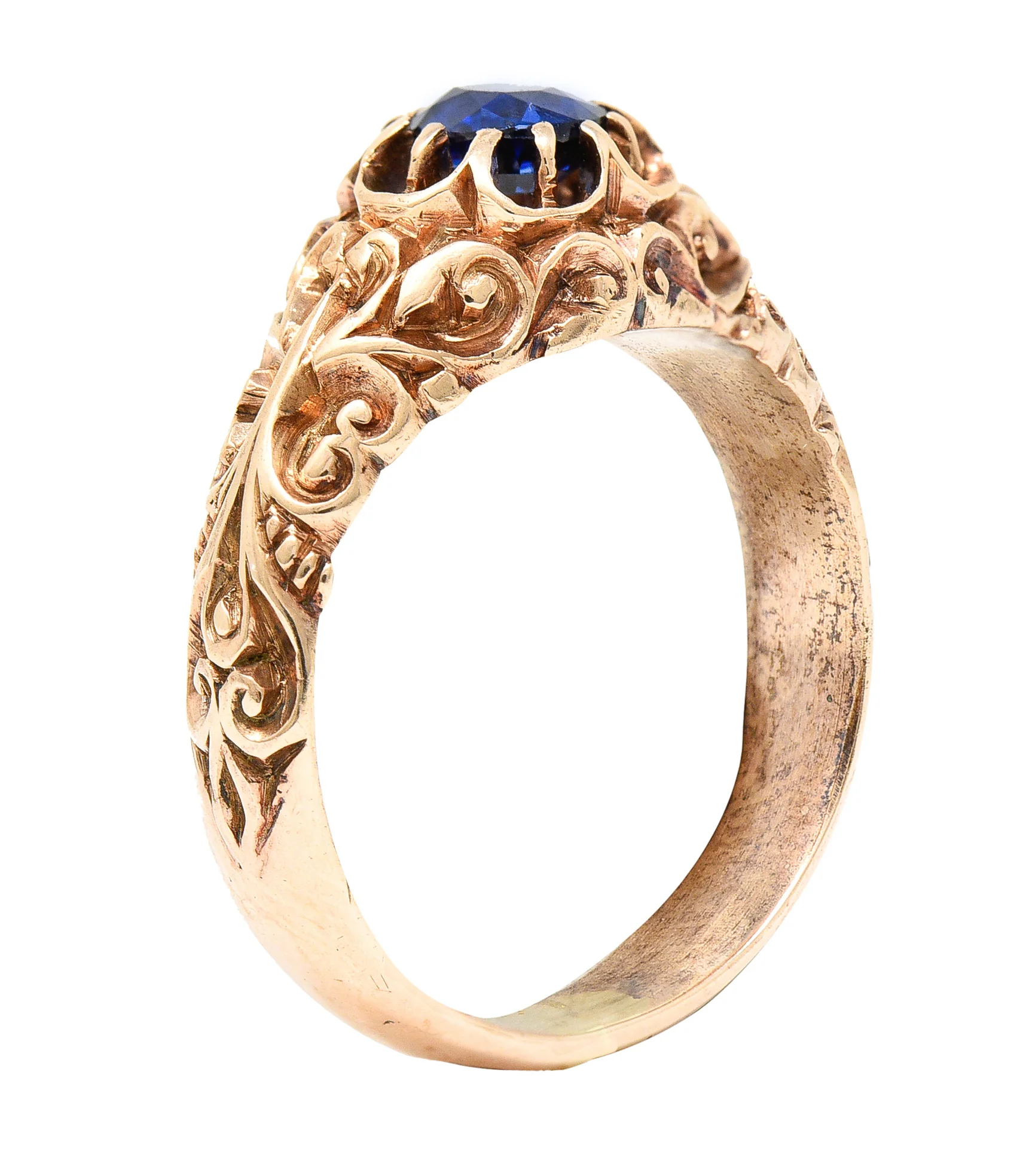 Victorian Sapphire 14 Karat Rose Gold Belcher Scrolling Heart Antique Ring - Image 10