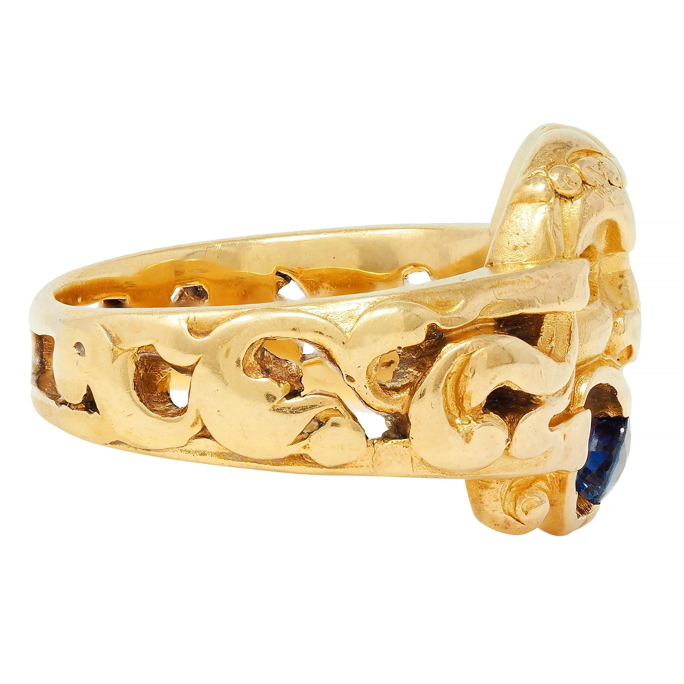 Victorian Sapphire 18 Karat Yellow Gold God Of Wind Antique Unisex Band Ring - Image 3