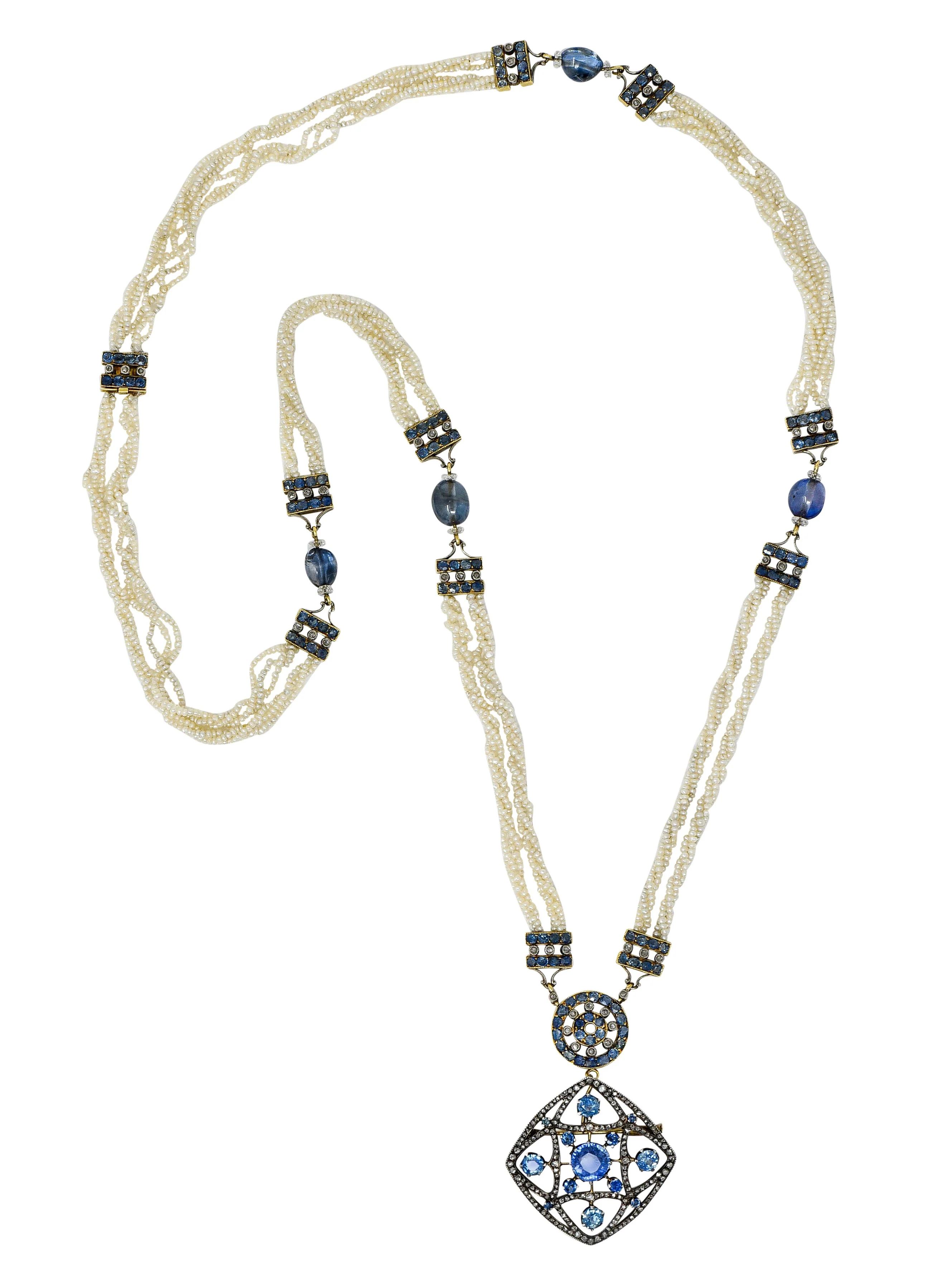 Victorian Sapphire Diamond Pearl Silver-Topped 18 Karat Gold Strand Pendant Sautoir Necklace - Image 11
