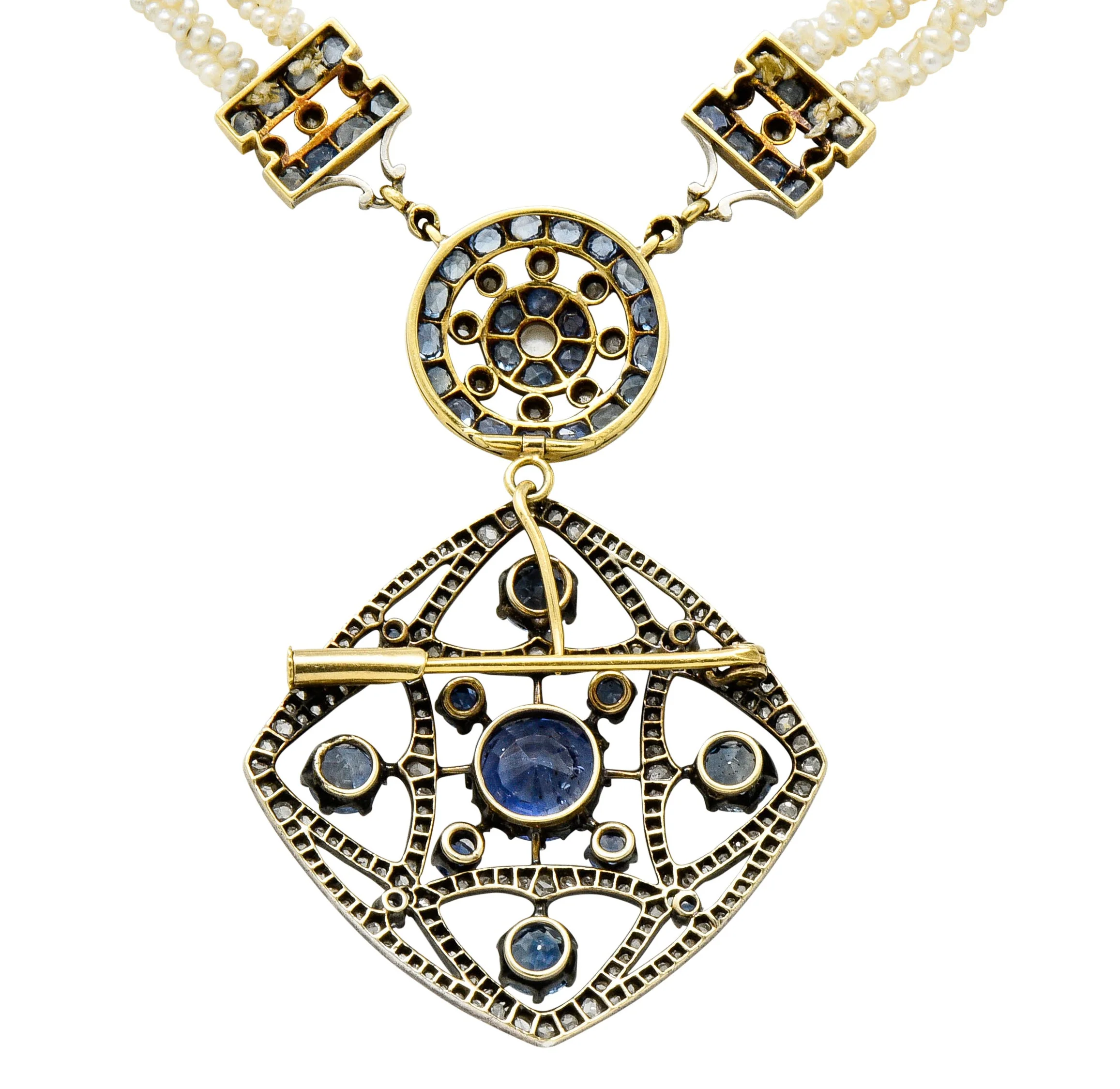 Victorian Sapphire Diamond Pearl Silver-Topped 18 Karat Gold Strand Pendant Sautoir Necklace - Image 4