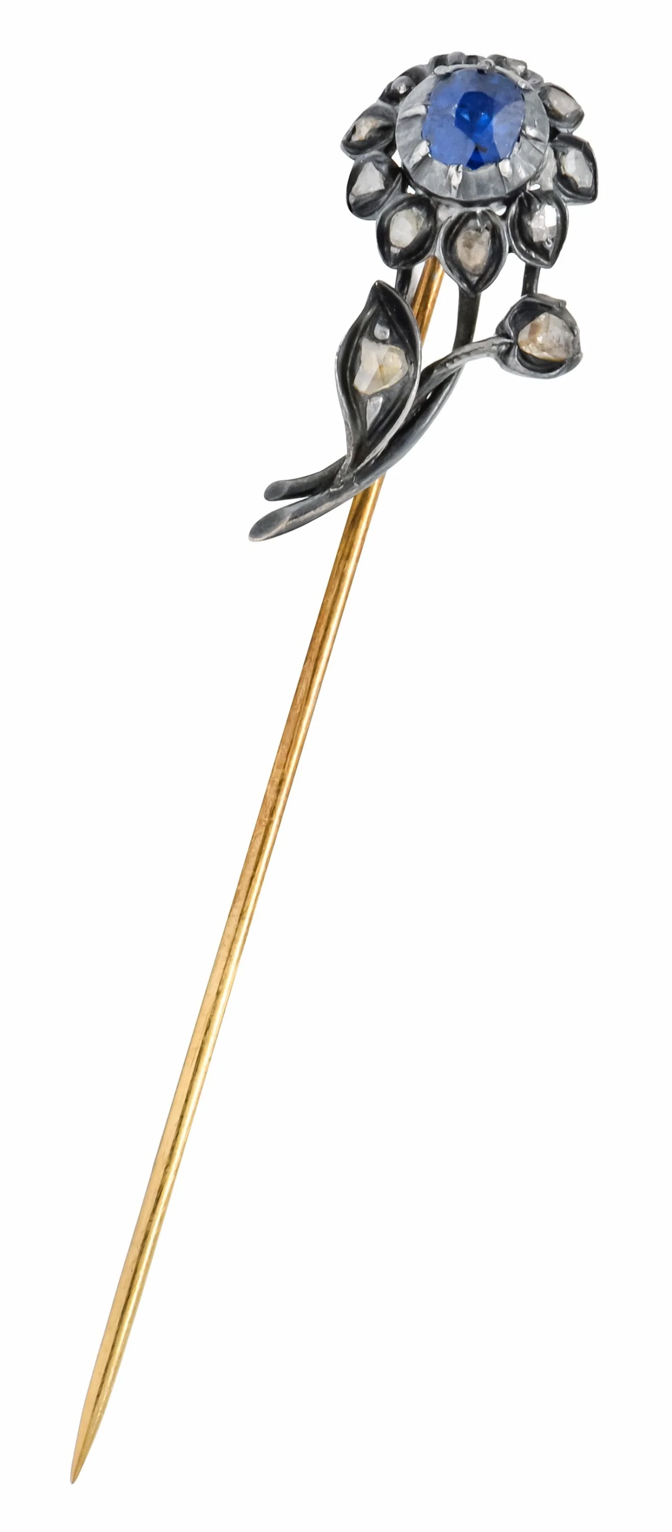 Victorian Sapphire Diamond Silver-Topped 14 Karat Gold Flower Stickpin - Image 2