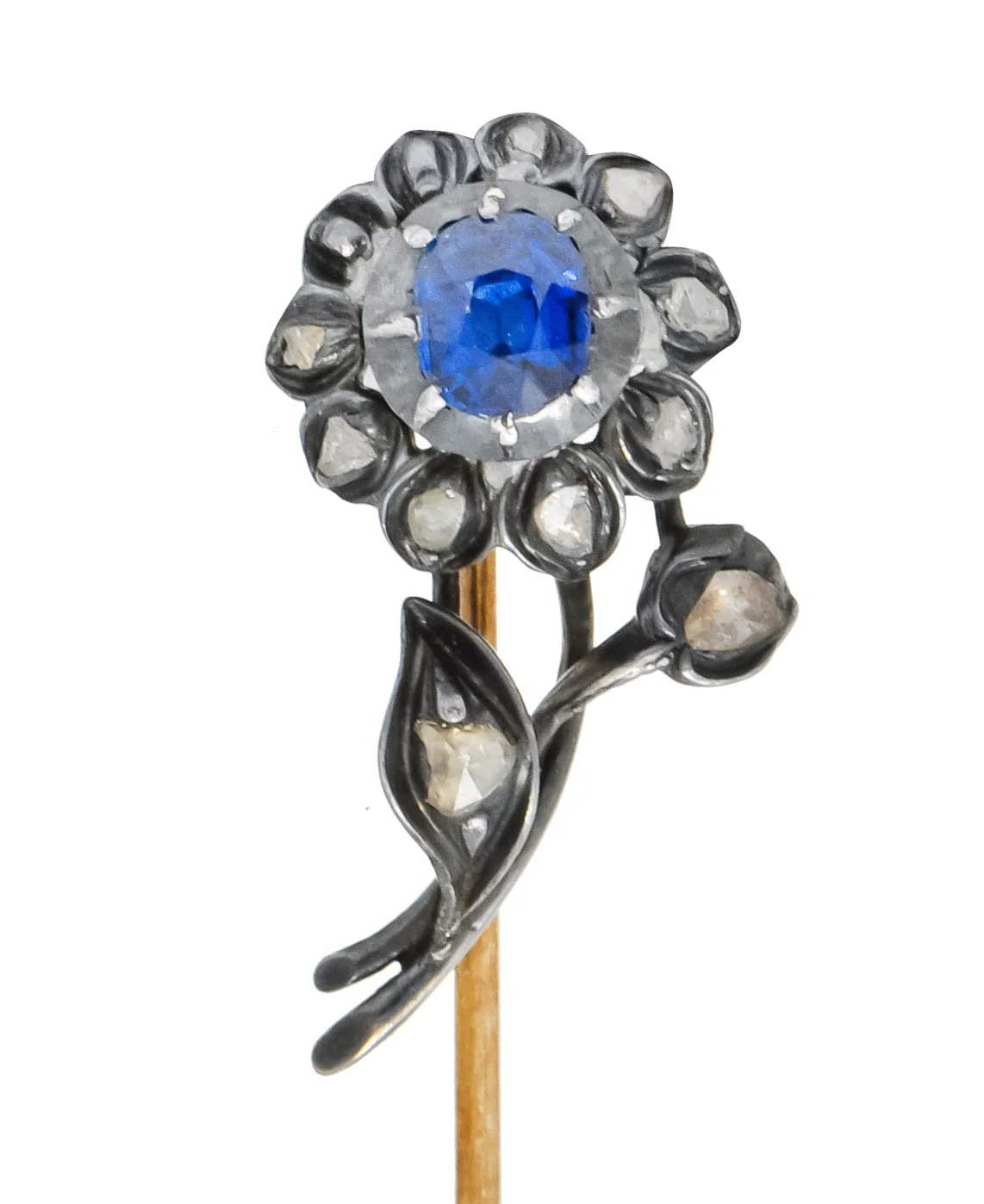 Victorian Sapphire Diamond Silver-Topped 14 Karat Gold Flower Stickpin - Image 7