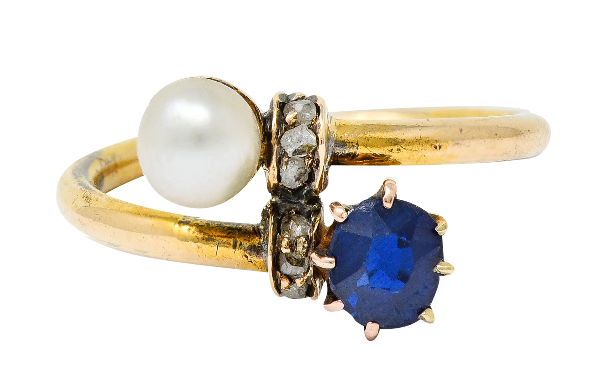 Victorian Sapphire Pearl Diamond 18 Karat Gold Bypass Ring