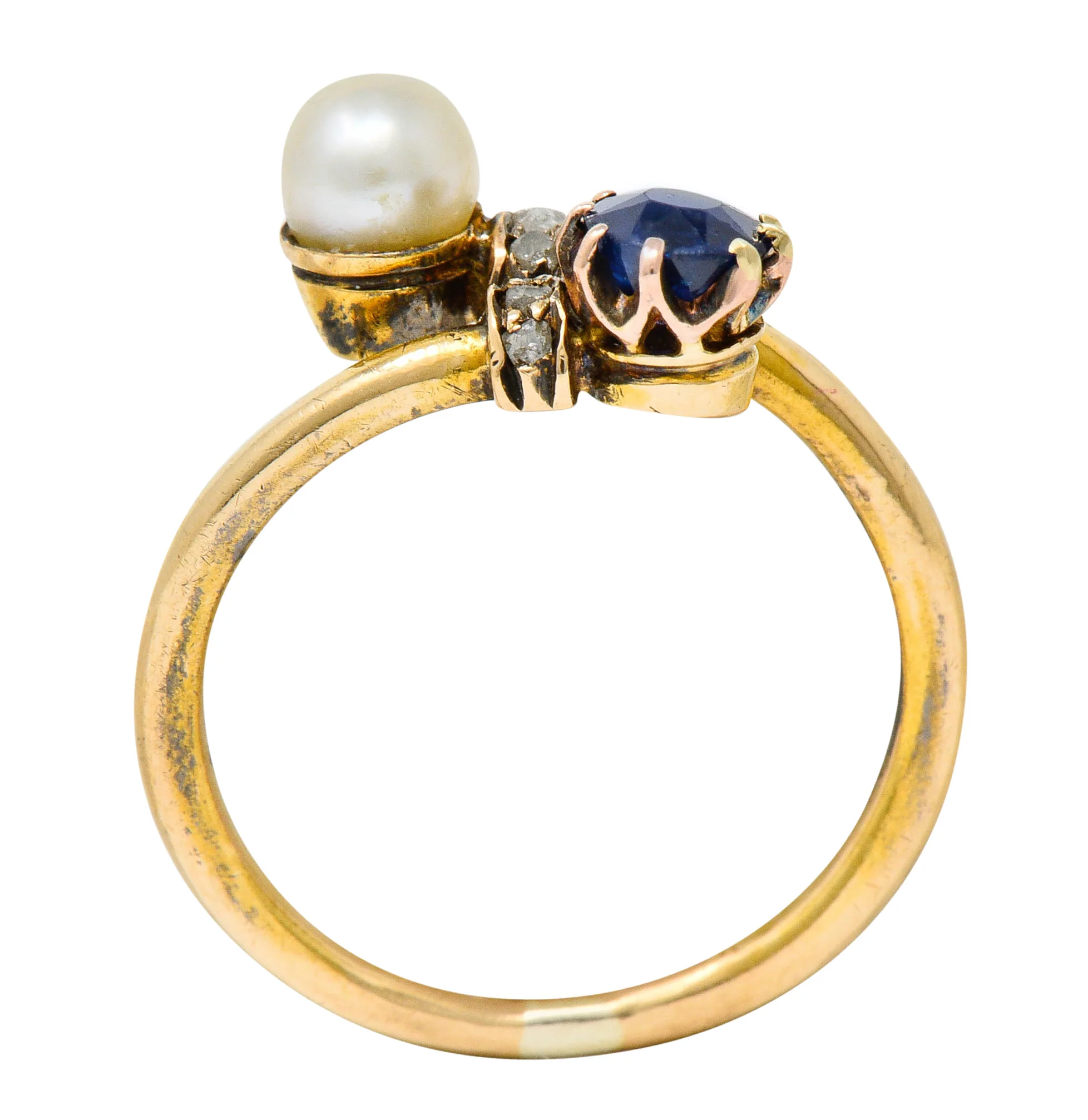 Victorian Sapphire Pearl Diamond 18 Karat Gold Bypass Ring - Image 7