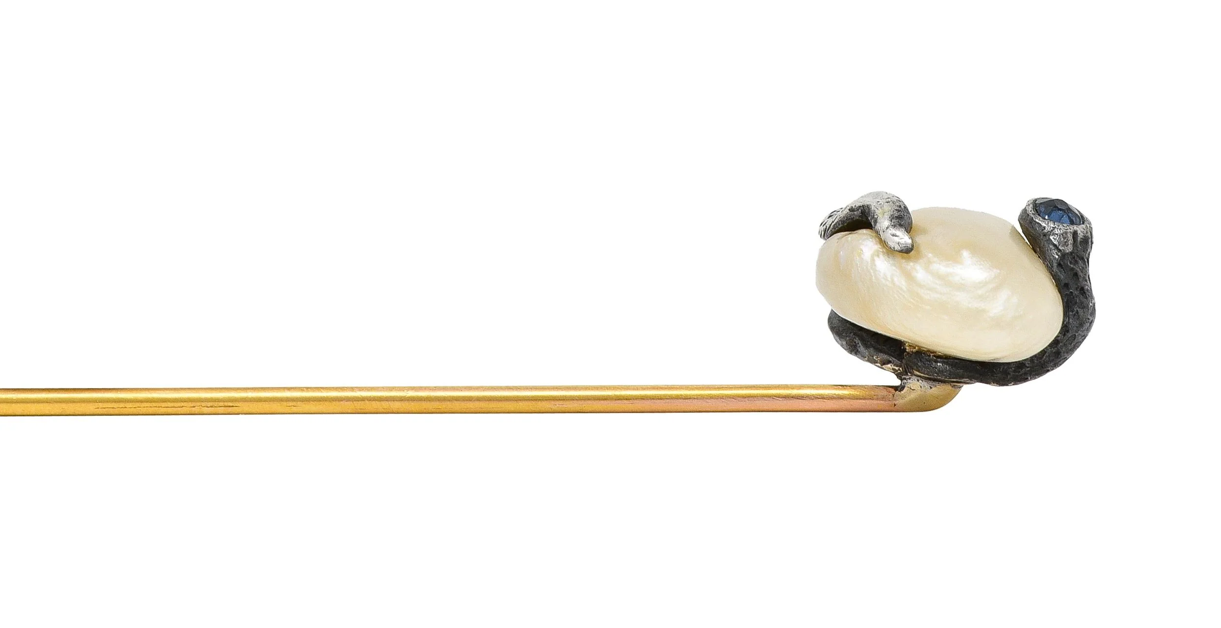 Victorian Sapphire Pearl Silver 14 Karat Yellow Gold Antique Snake Stickpin - Image 7