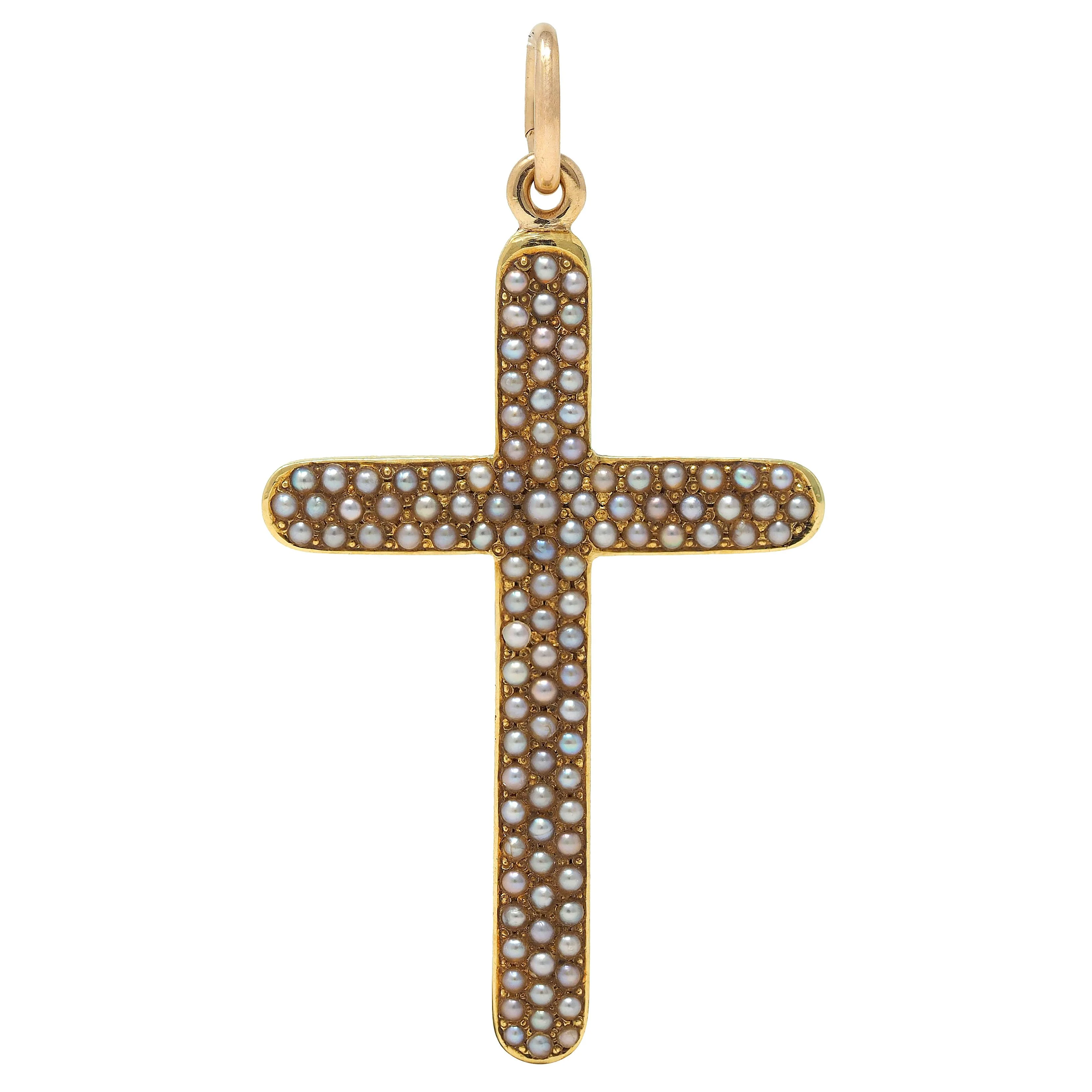 Victorian Seed Pearl 14 Karat Yellow Gold Antique Cross Pendant