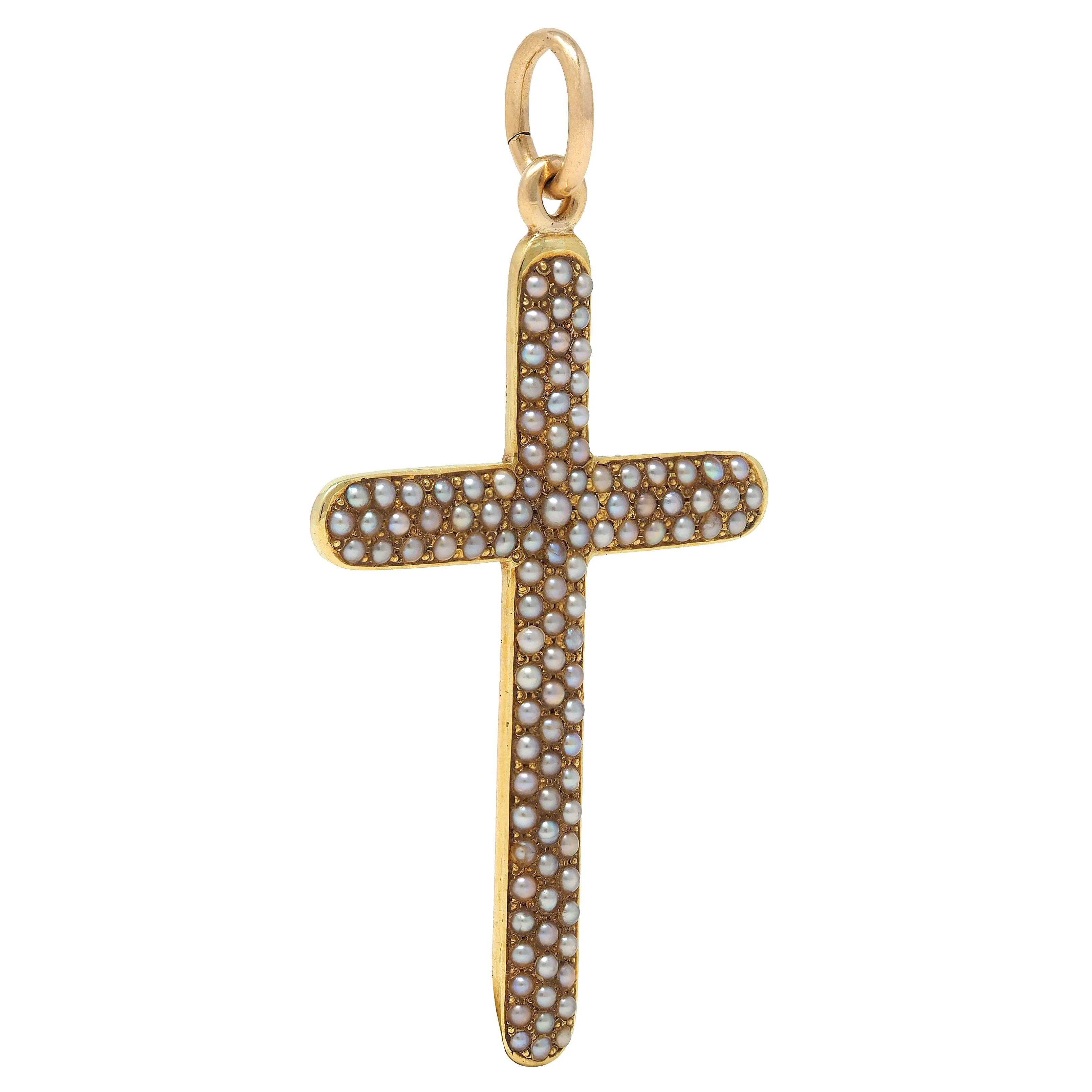 Victorian Seed Pearl 14 Karat Yellow Gold Antique Cross Pendant - Image 2