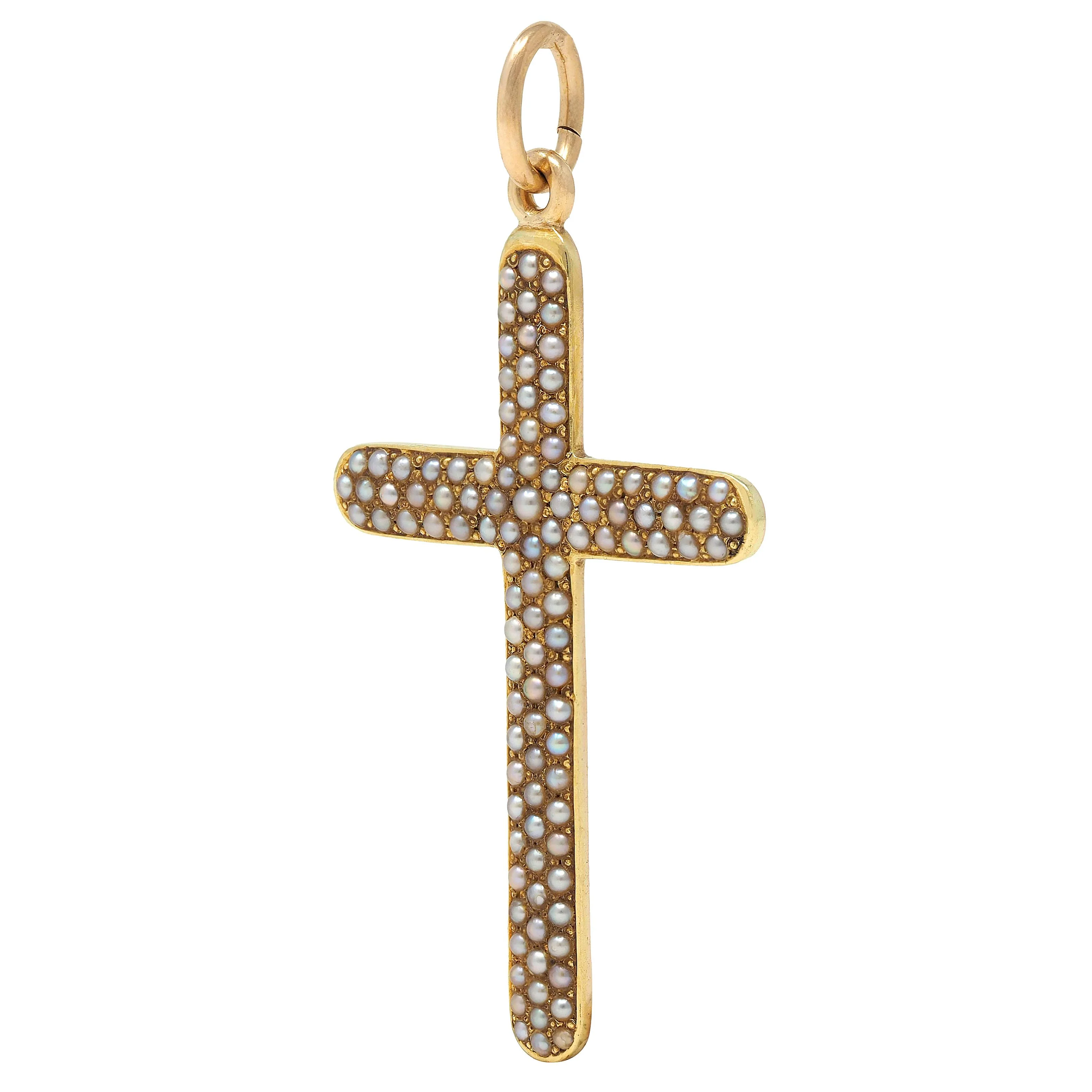 Victorian Seed Pearl 14 Karat Yellow Gold Antique Cross Pendant - Image 4