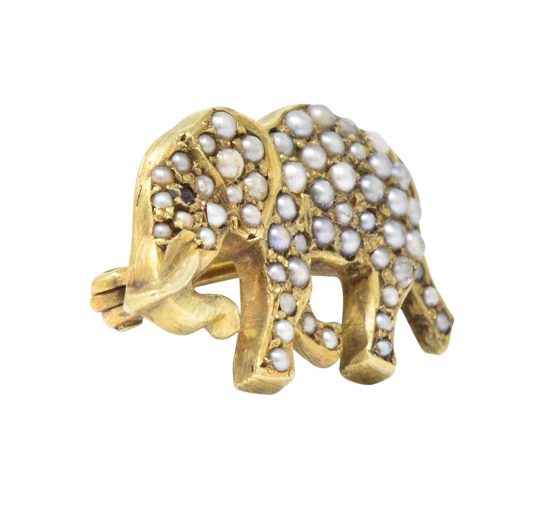 Victorian Seed Pearl Ruby 14 Karat Gold Elephant Pin - Image 2