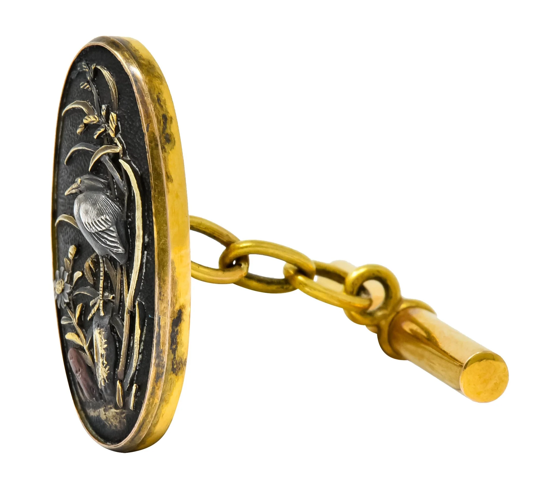 Victorian Shakudo 14 Karat Gold Mixed Metal Floral Bird Men's Cufflinks - Image 2