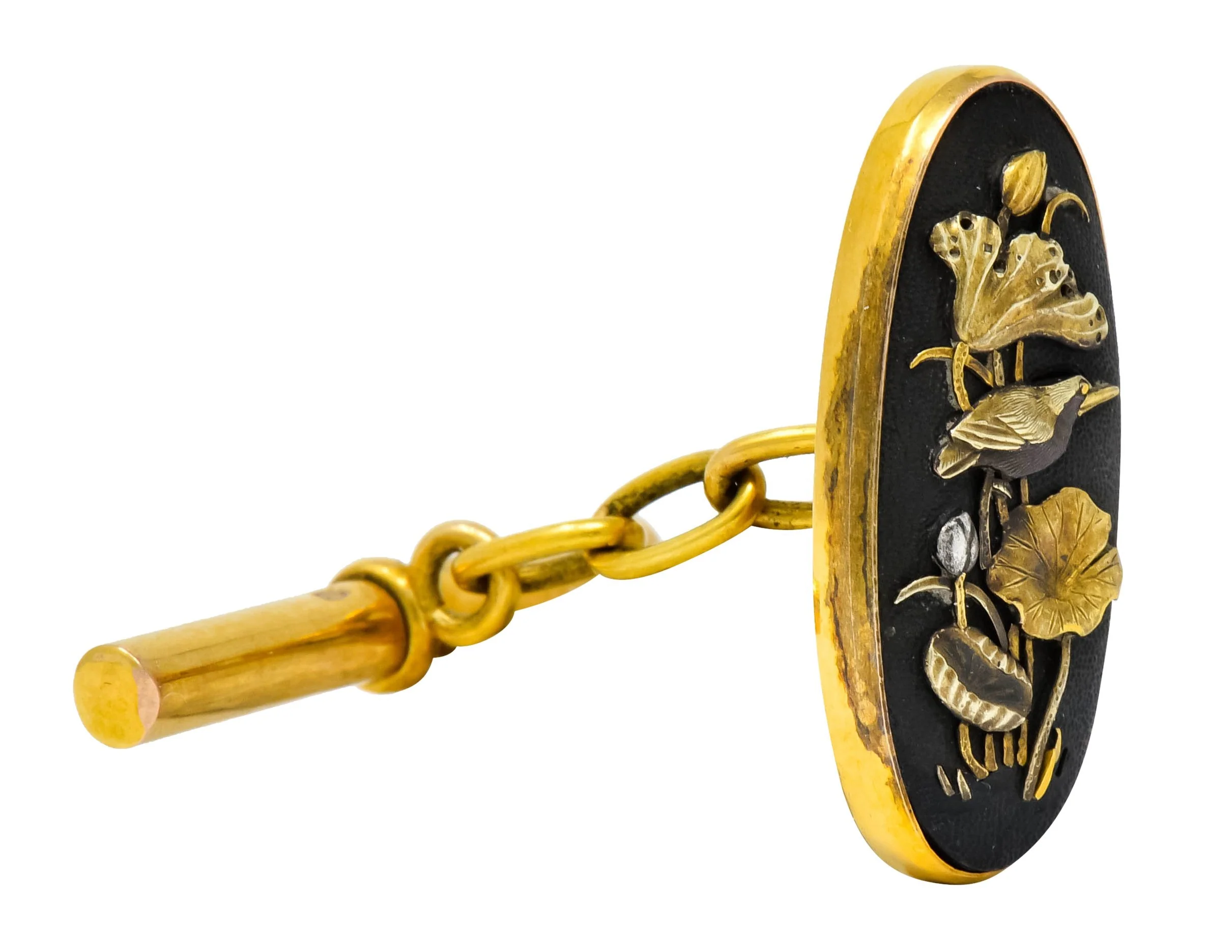 Victorian Shakudo 14 Karat Gold Mixed Metal Floral Bird Men's Cufflinks - Image 3
