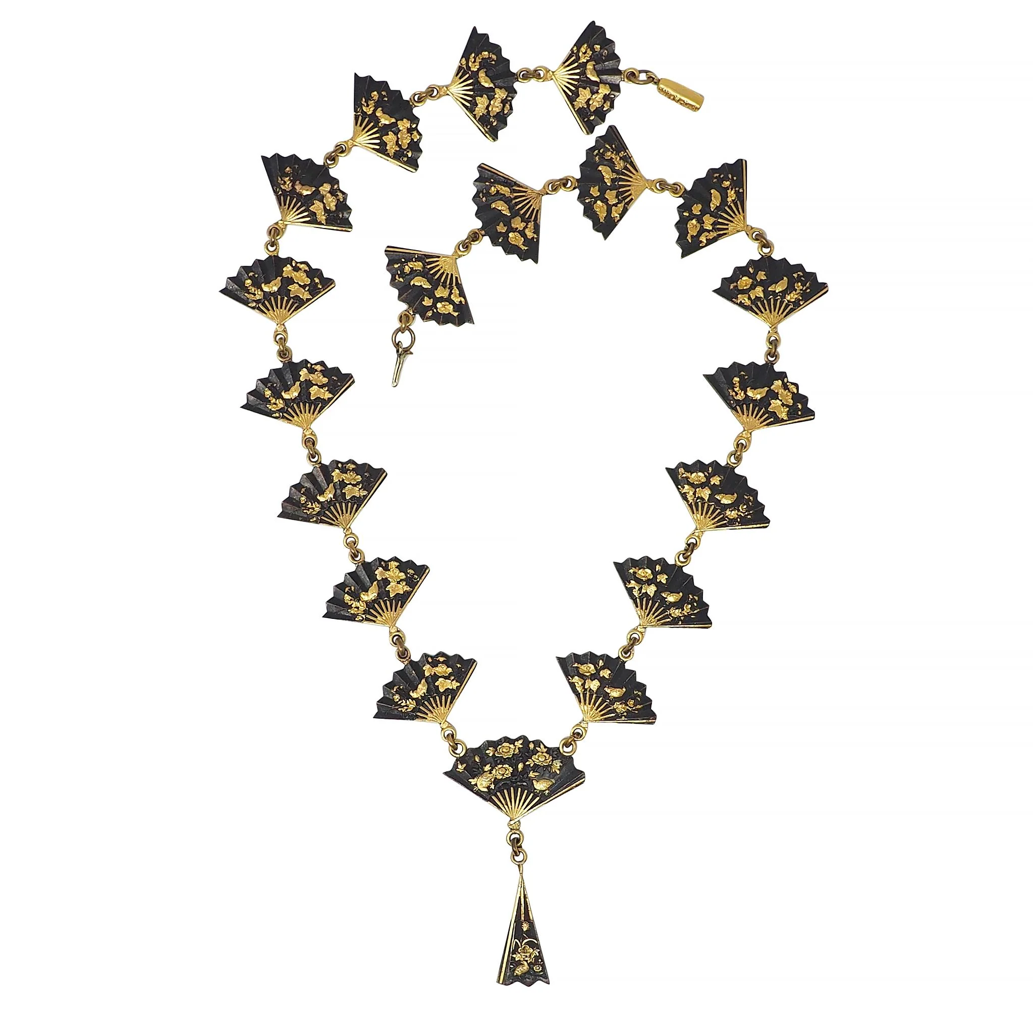Victorian Shakudo 14 Karat Yellow Gold Antique Japanese Fan Link Sautoir Necklace - Image 3